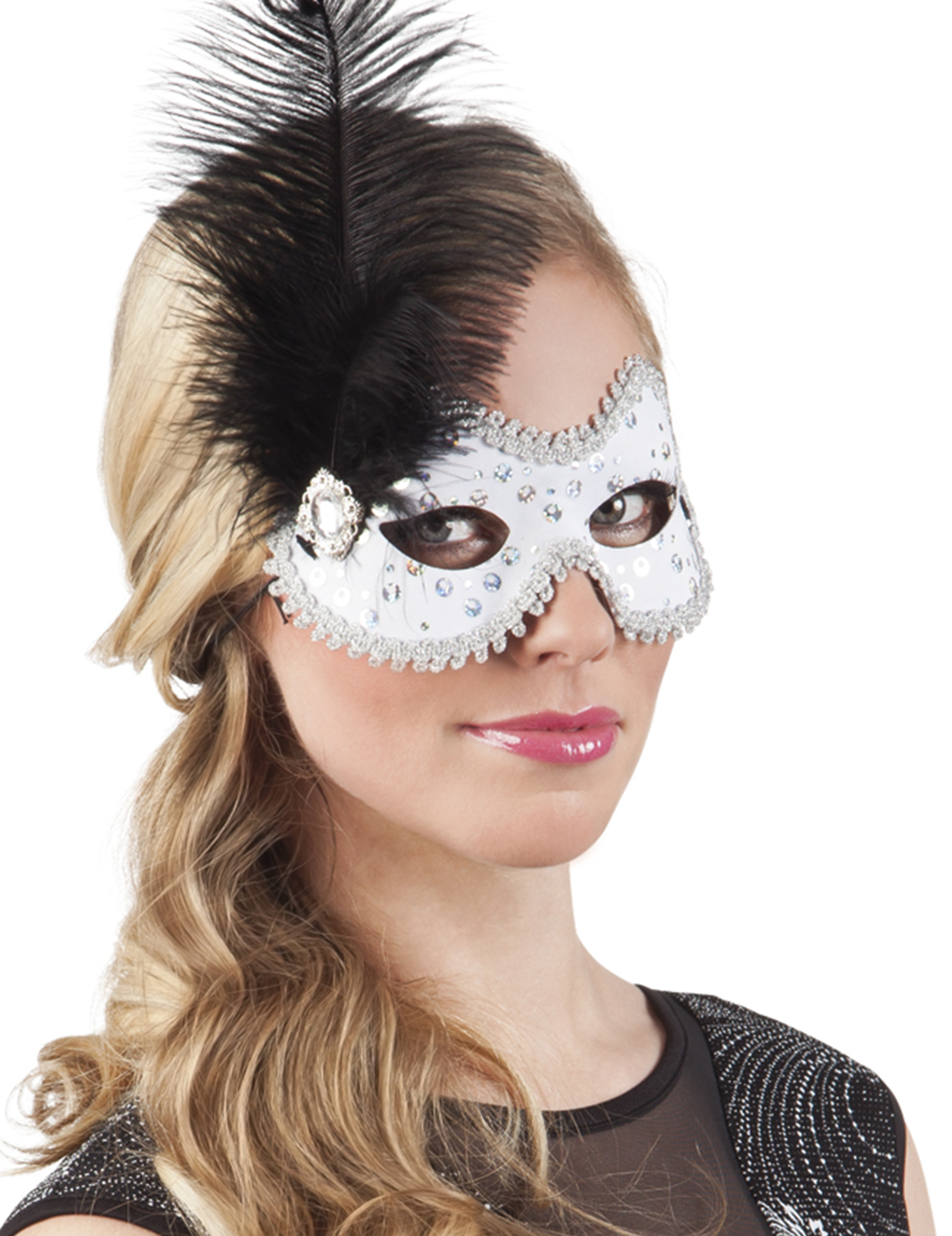 Loup vénitien avec plumes et strass blanc femme