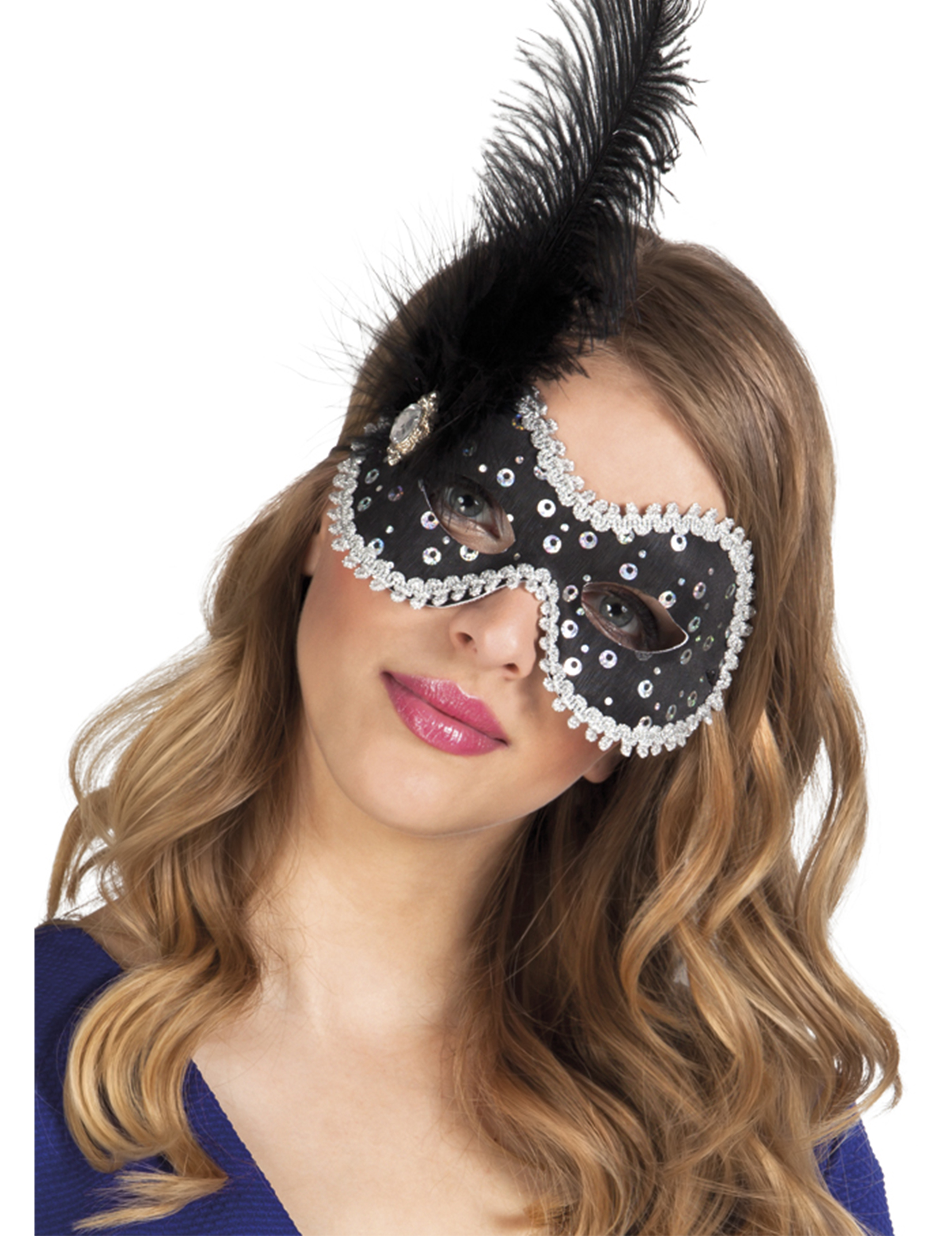 Loup vénitien avec plumes et strass noir femme