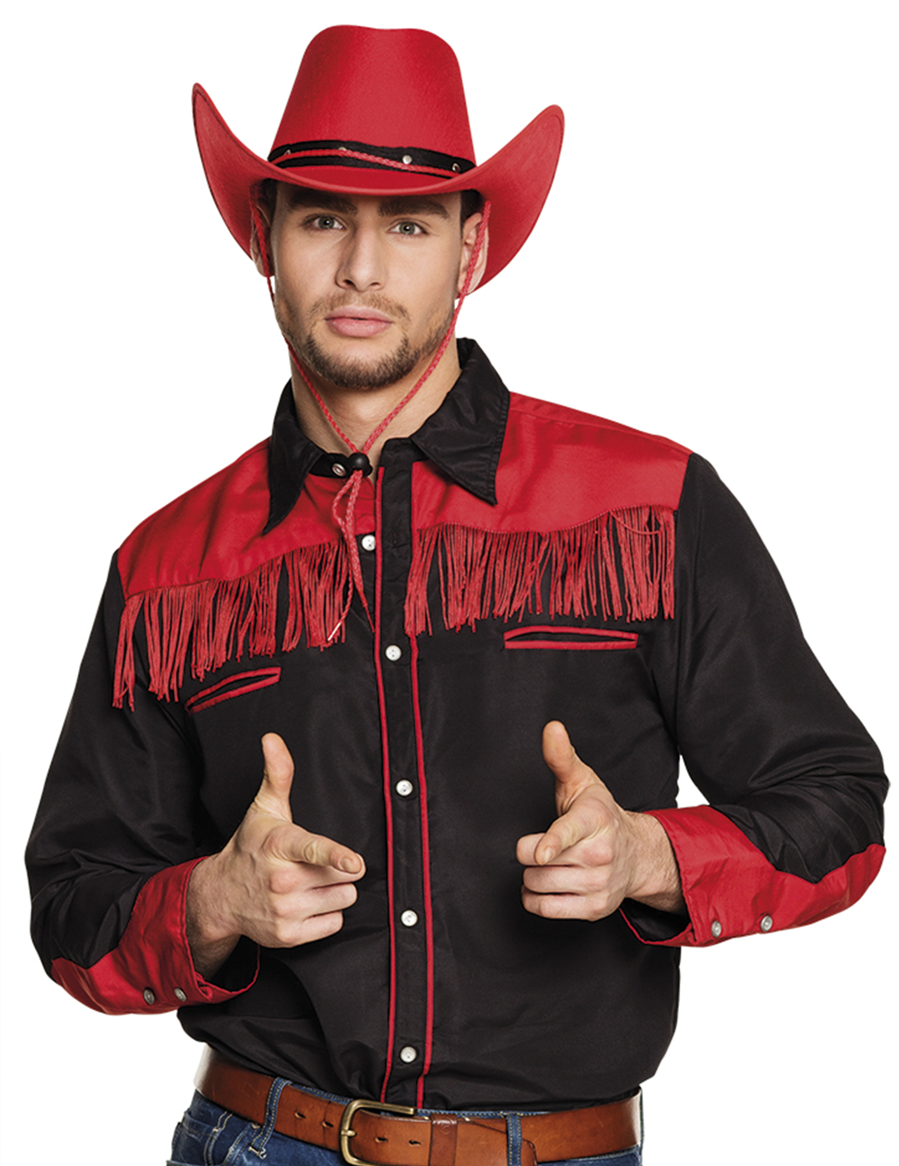 Chemise cowboy noir et rouge à franges adulte