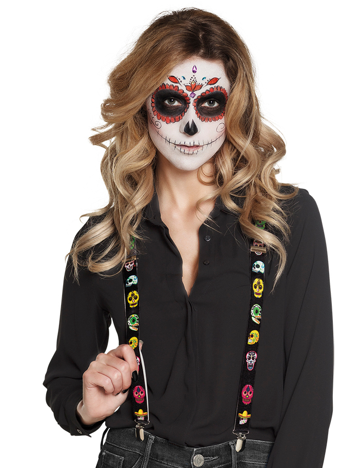 Bretelles noires avec squelettes mexicains adulte Dia de los muertos