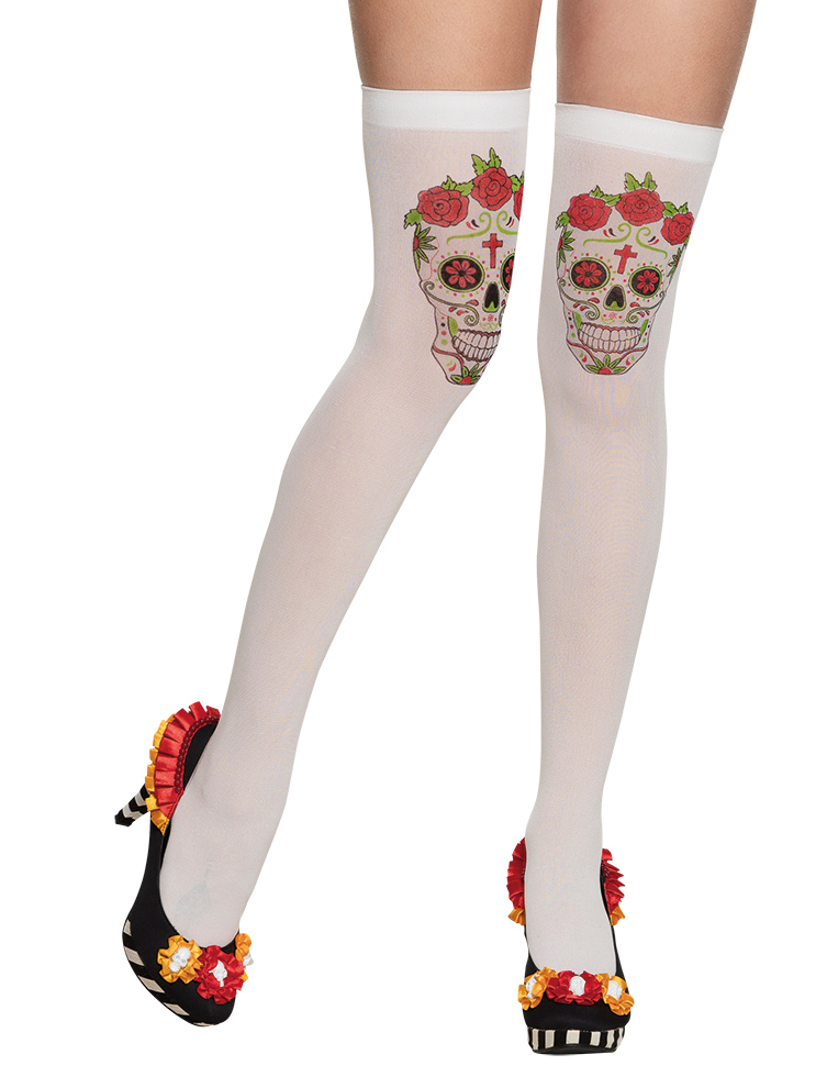 Bas blancs avec squelette mexicain adulte Dia de los muertos