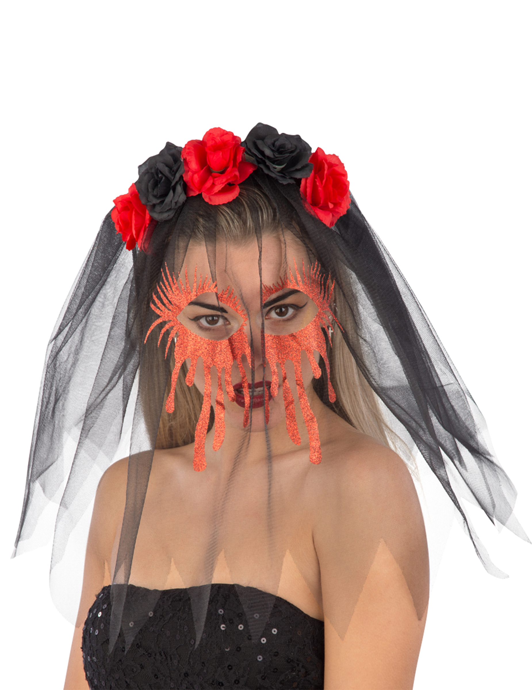 Serre-tête avec roses et voile noir visage ensanglanté femme