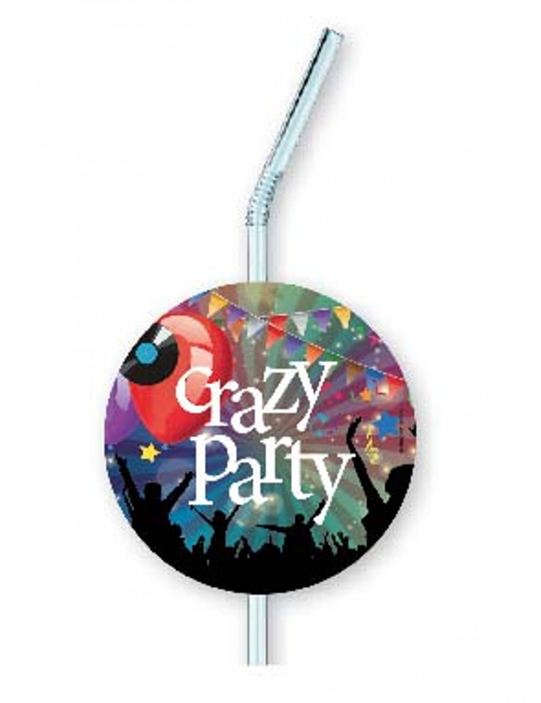 6 Pailles en plastique avec médaillon Crazy Party 12 x 33 cm
