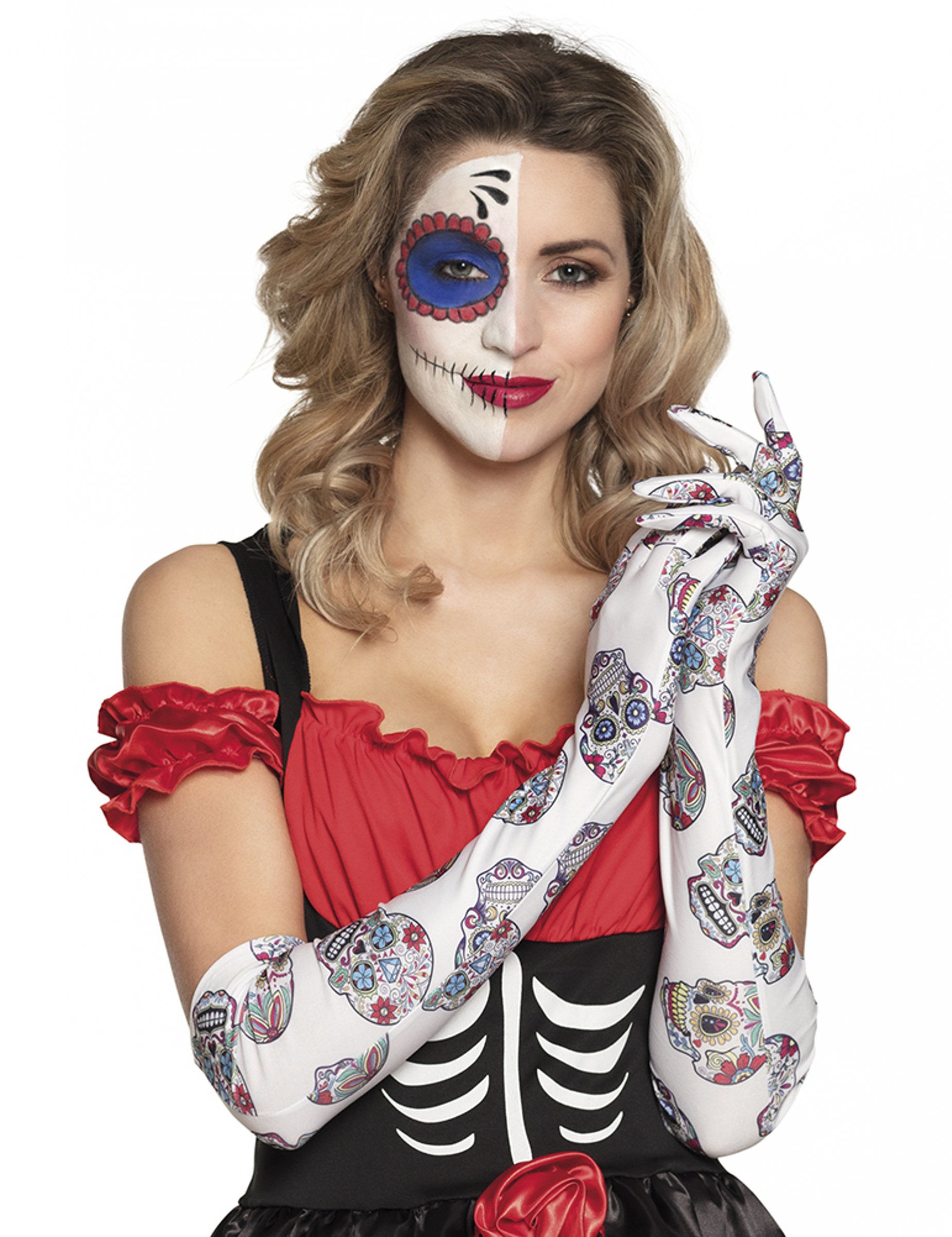 Gants longs blancs adulte Dia de los muertos