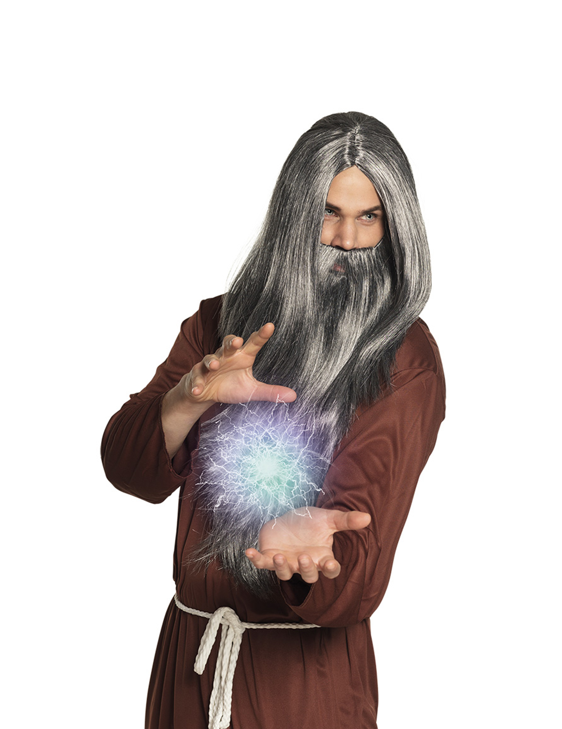 Perruque et barbe longue grise magicien homme