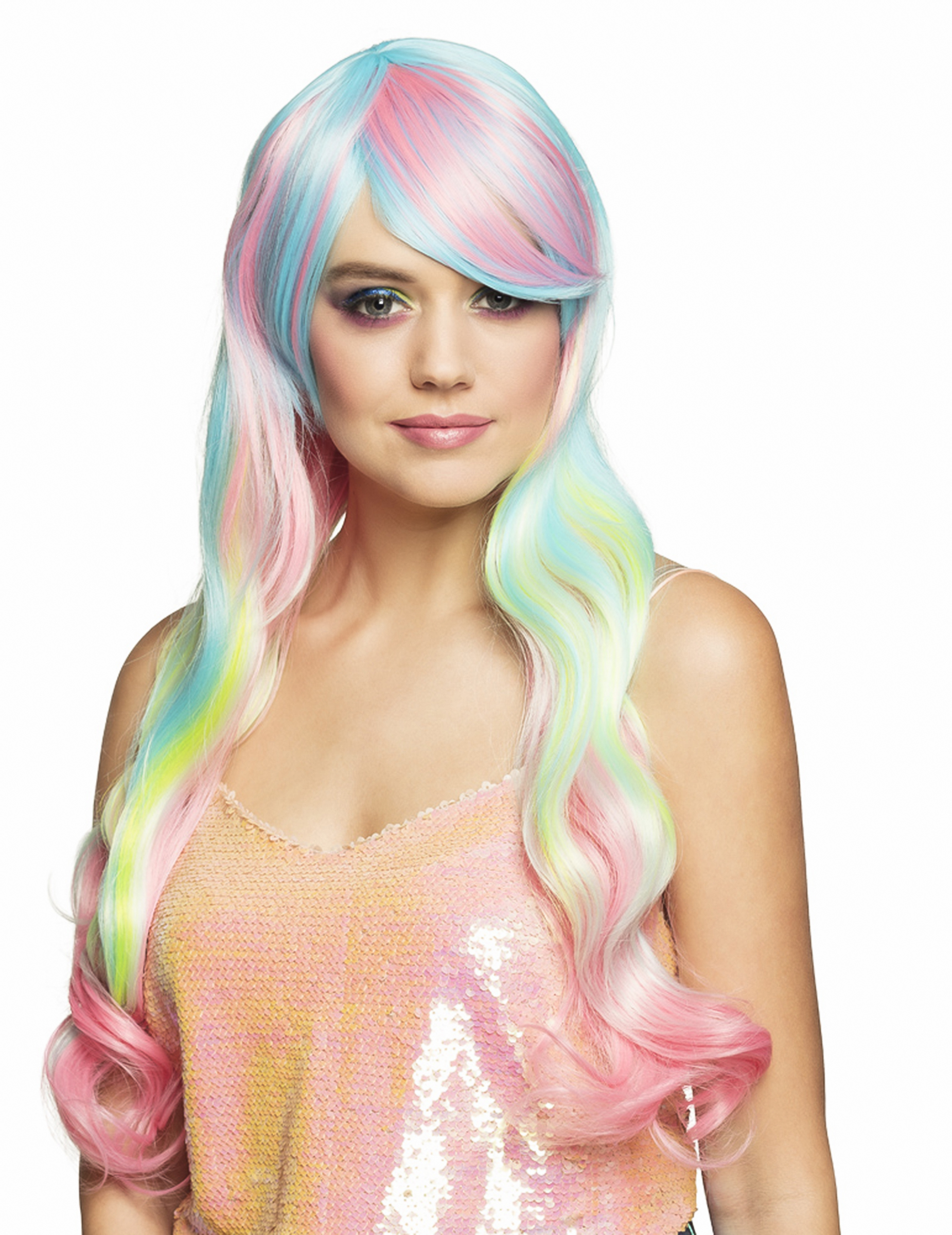 Perruque longue arc-en-ciel pastel femme
