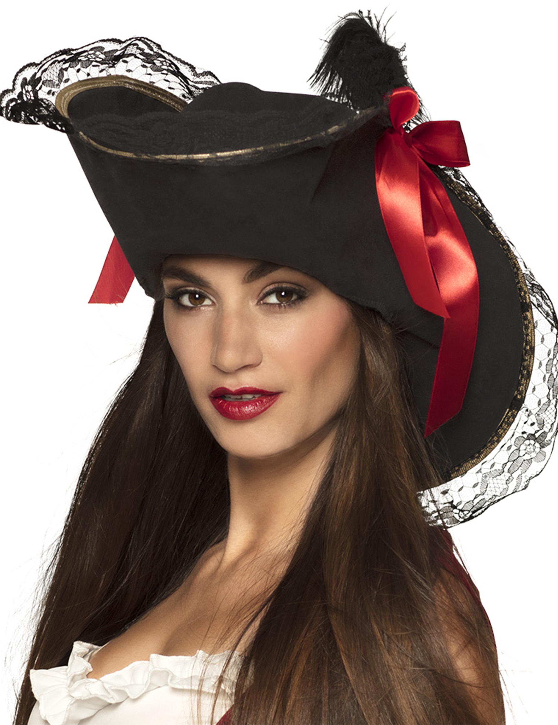 Chapeau pirate avec dentelle et noeud rouge femme