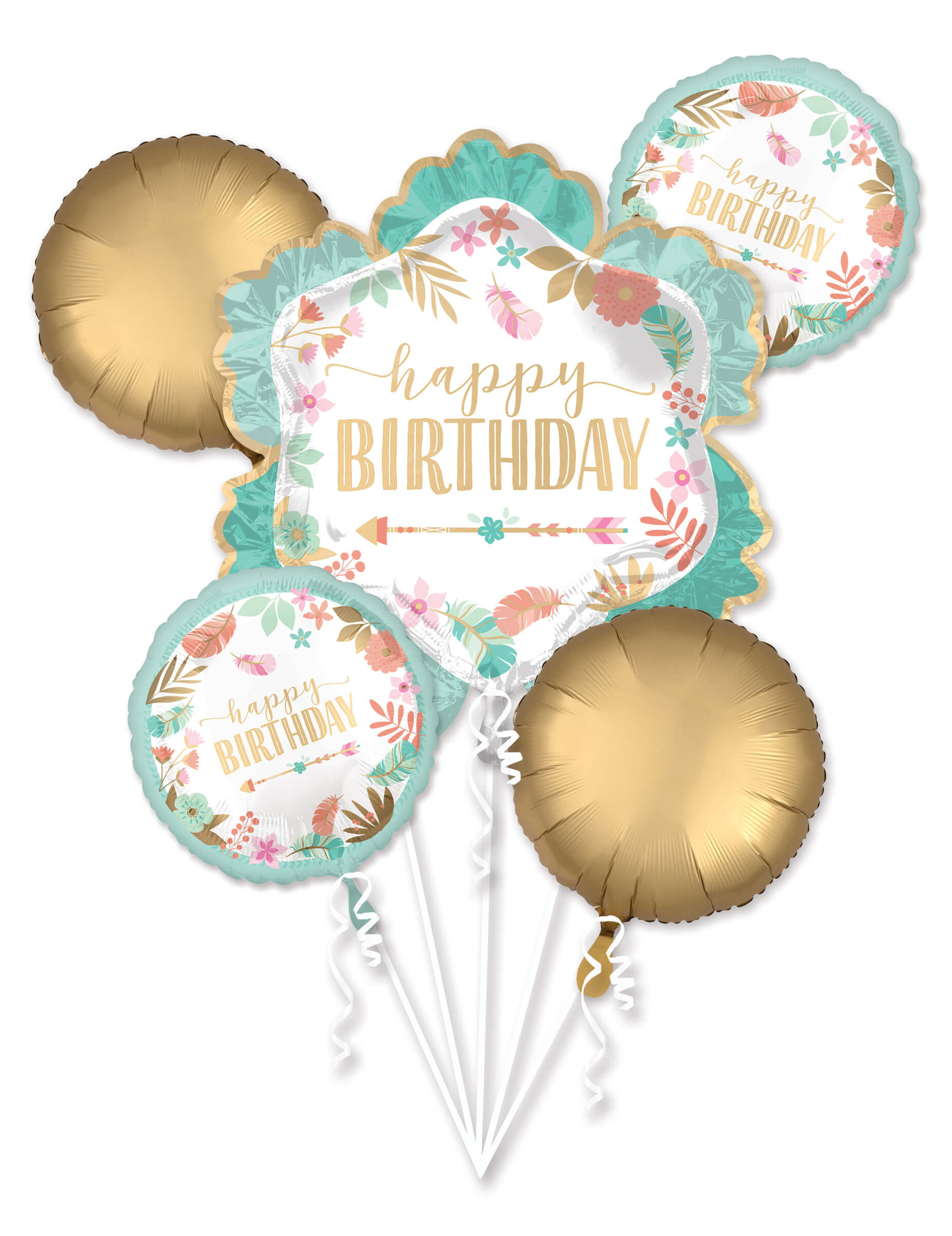 Bouquet de 5 ballons en aluminium Happy Birthday menthe