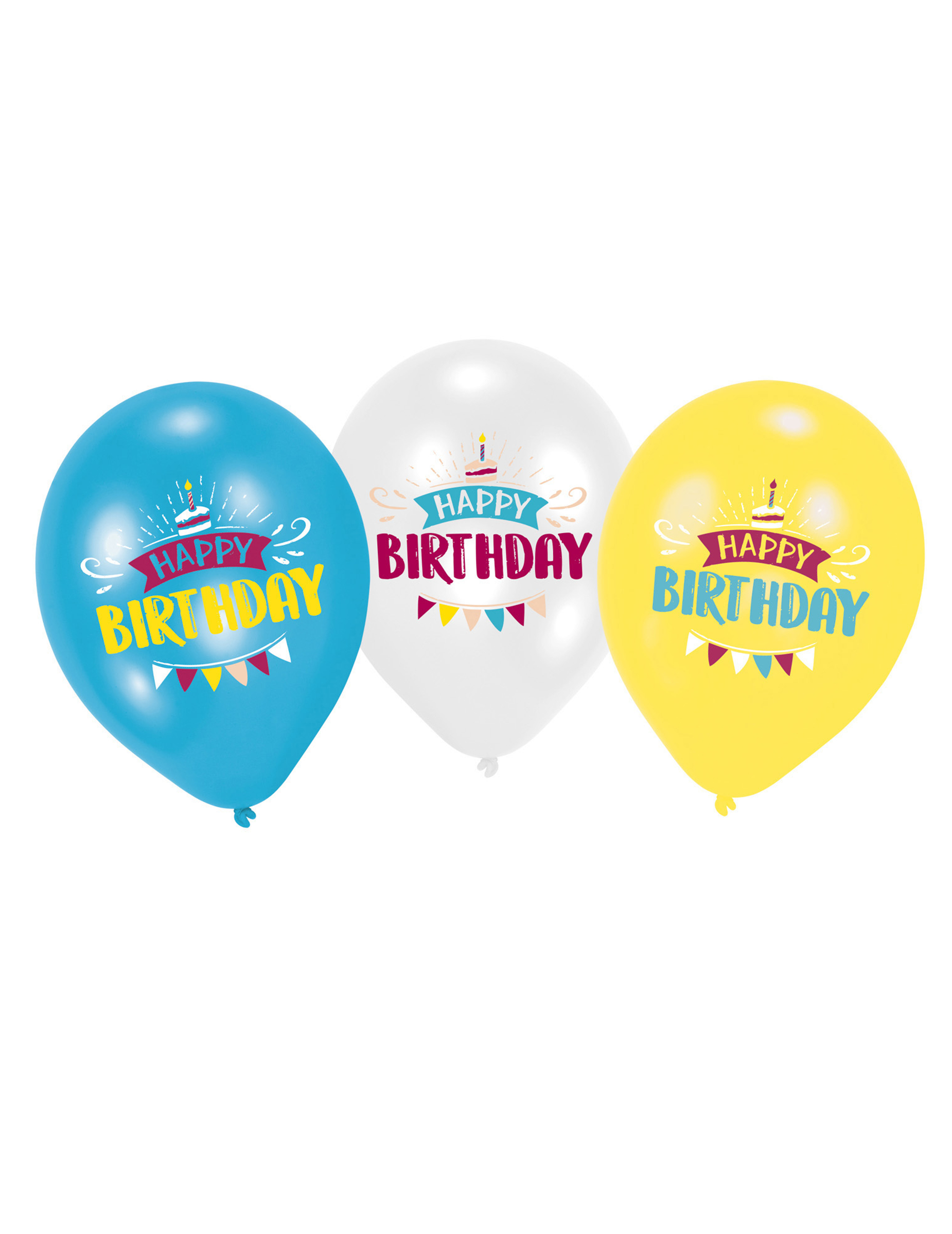 6 Ballons en latex Happy Birthday bleu, blanc et jaune 27,5 cm