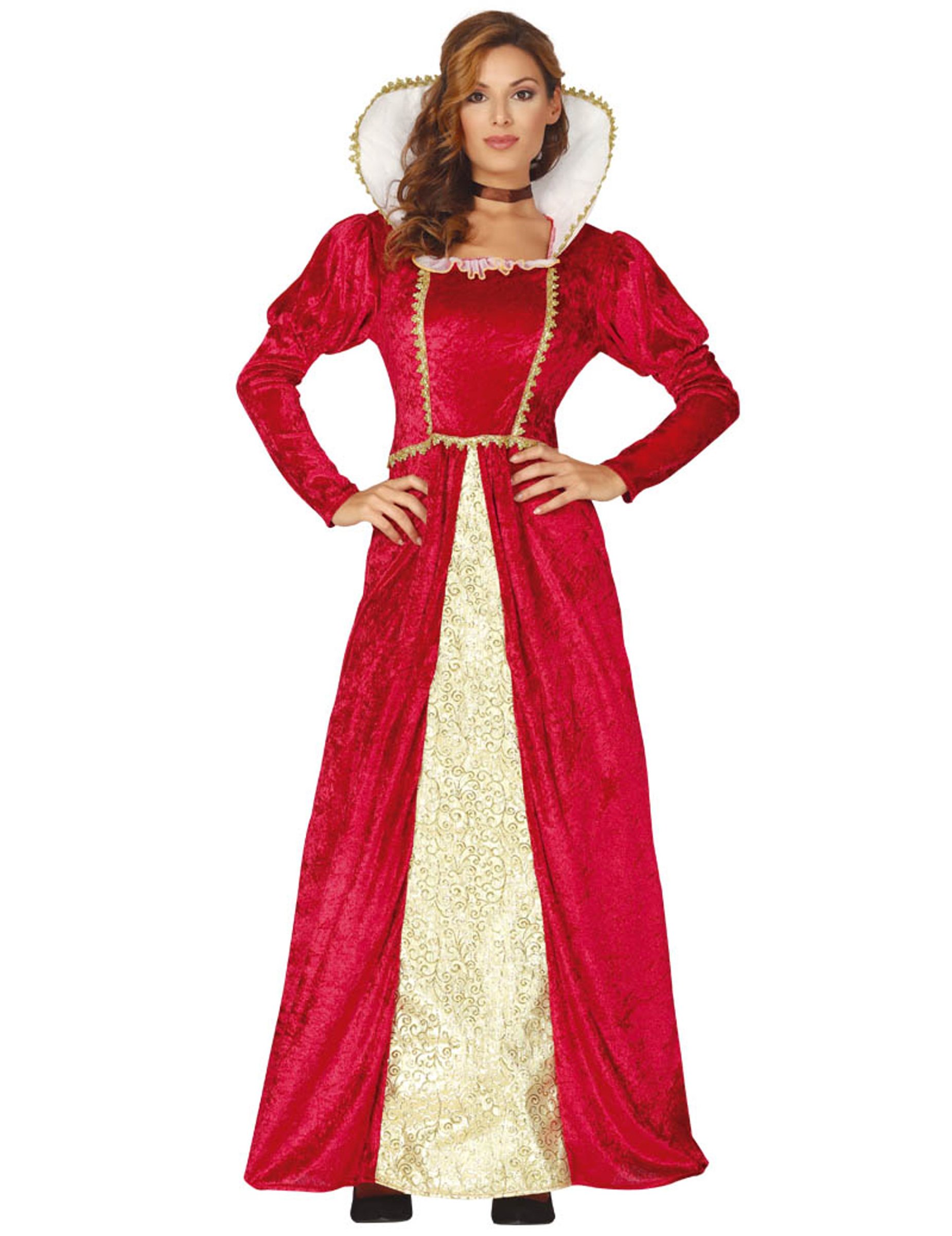 Déguisement reine médieval rouge et or femme