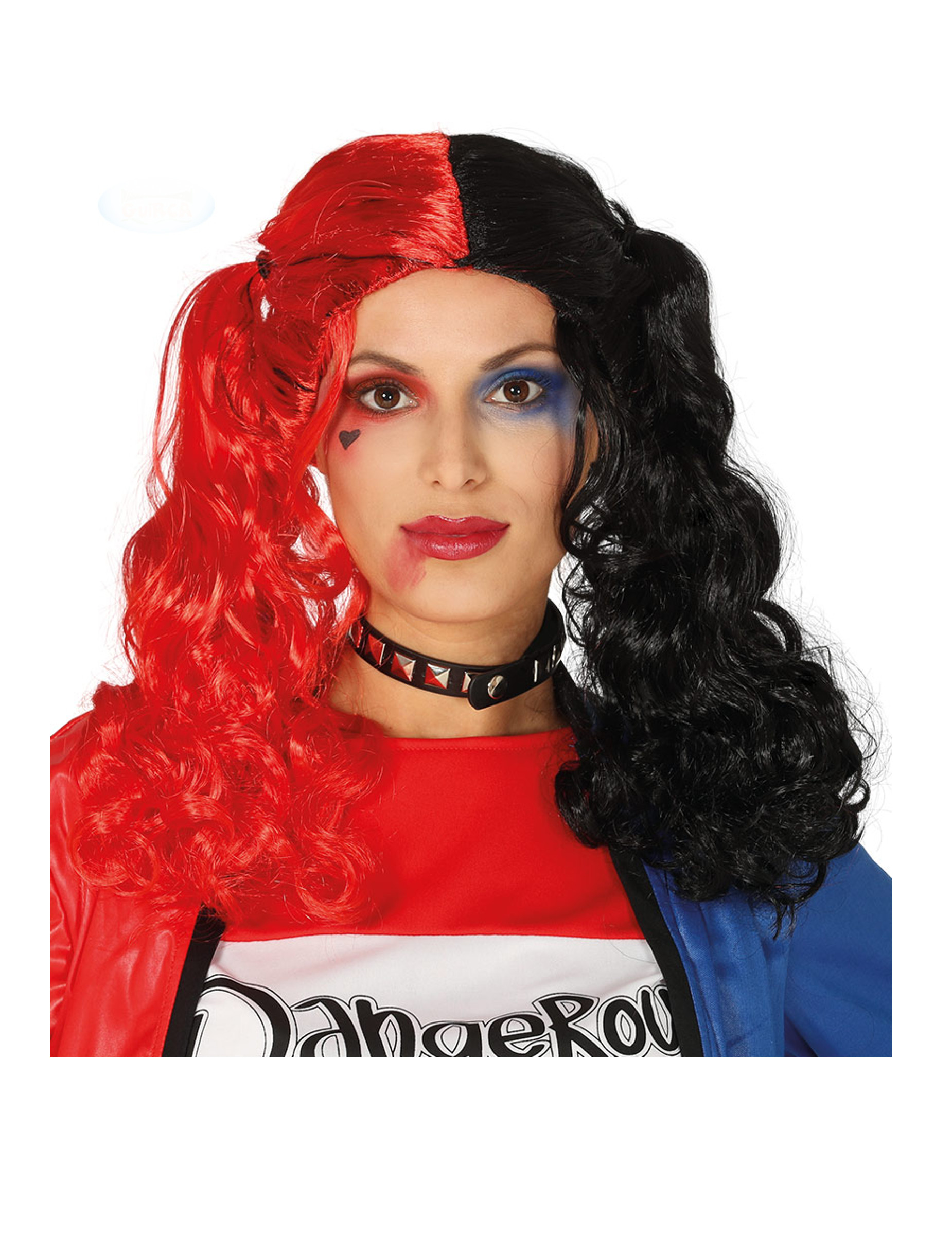 Perruque couettes noires et rouges bouclées femme