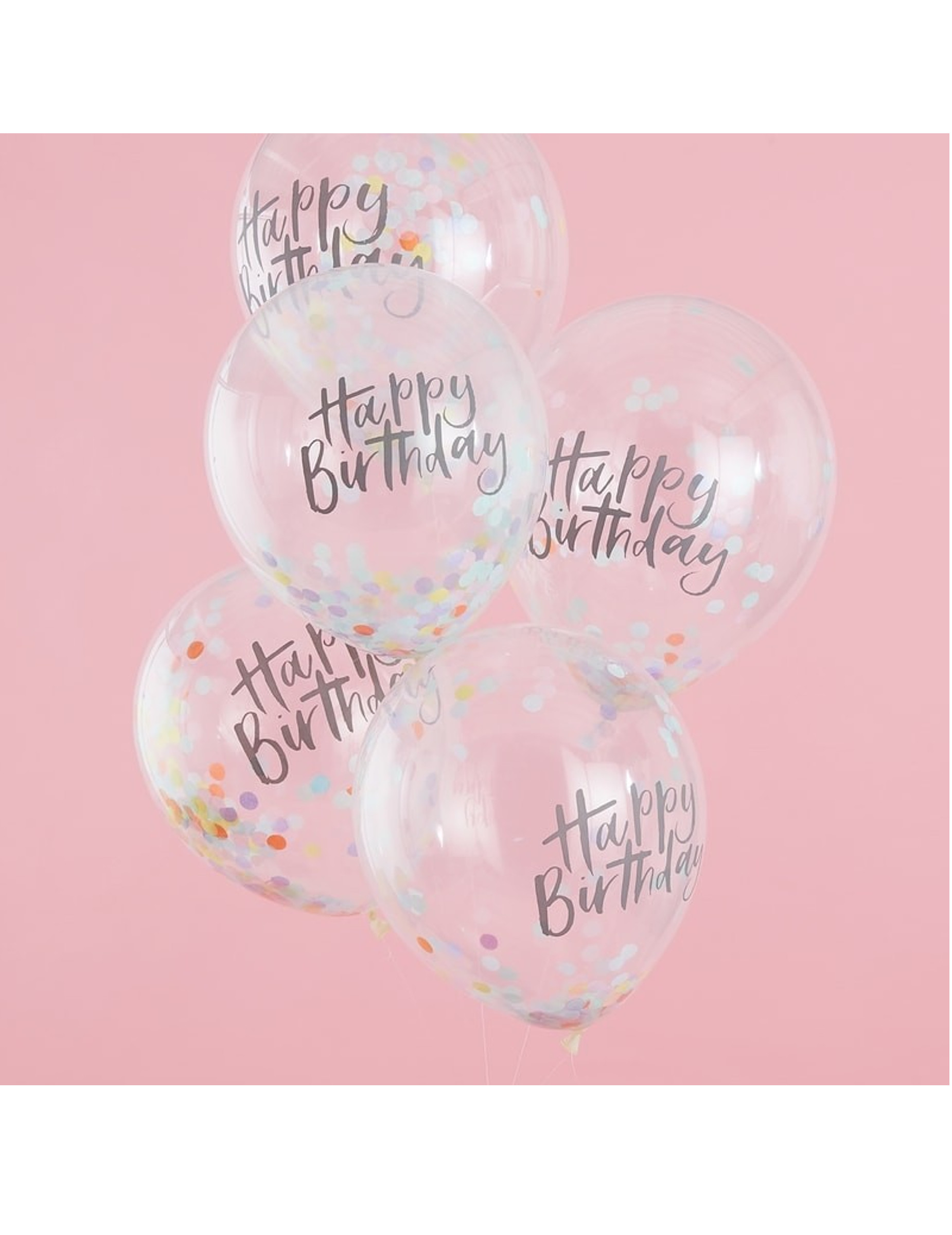 5 Ballons en latex transparents Happy birthday confettis pastel 30 cm
