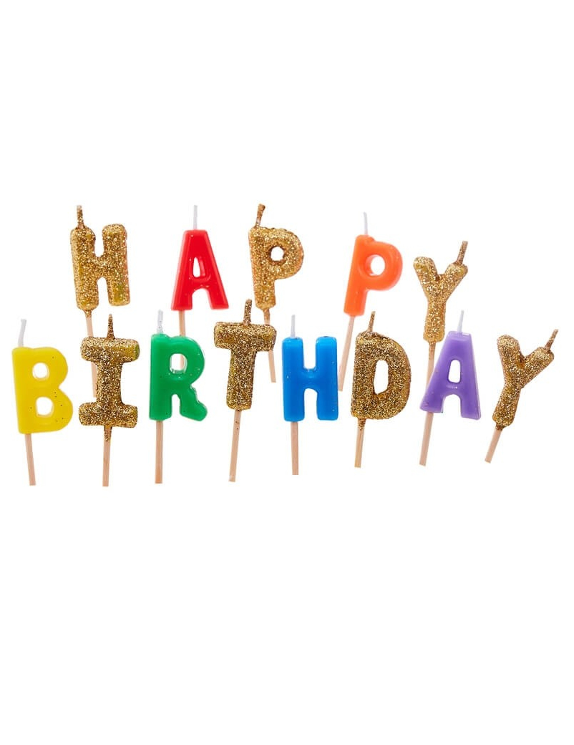 13 Bougies sur pique Happy birthday multicolores et paillettes 6 cm