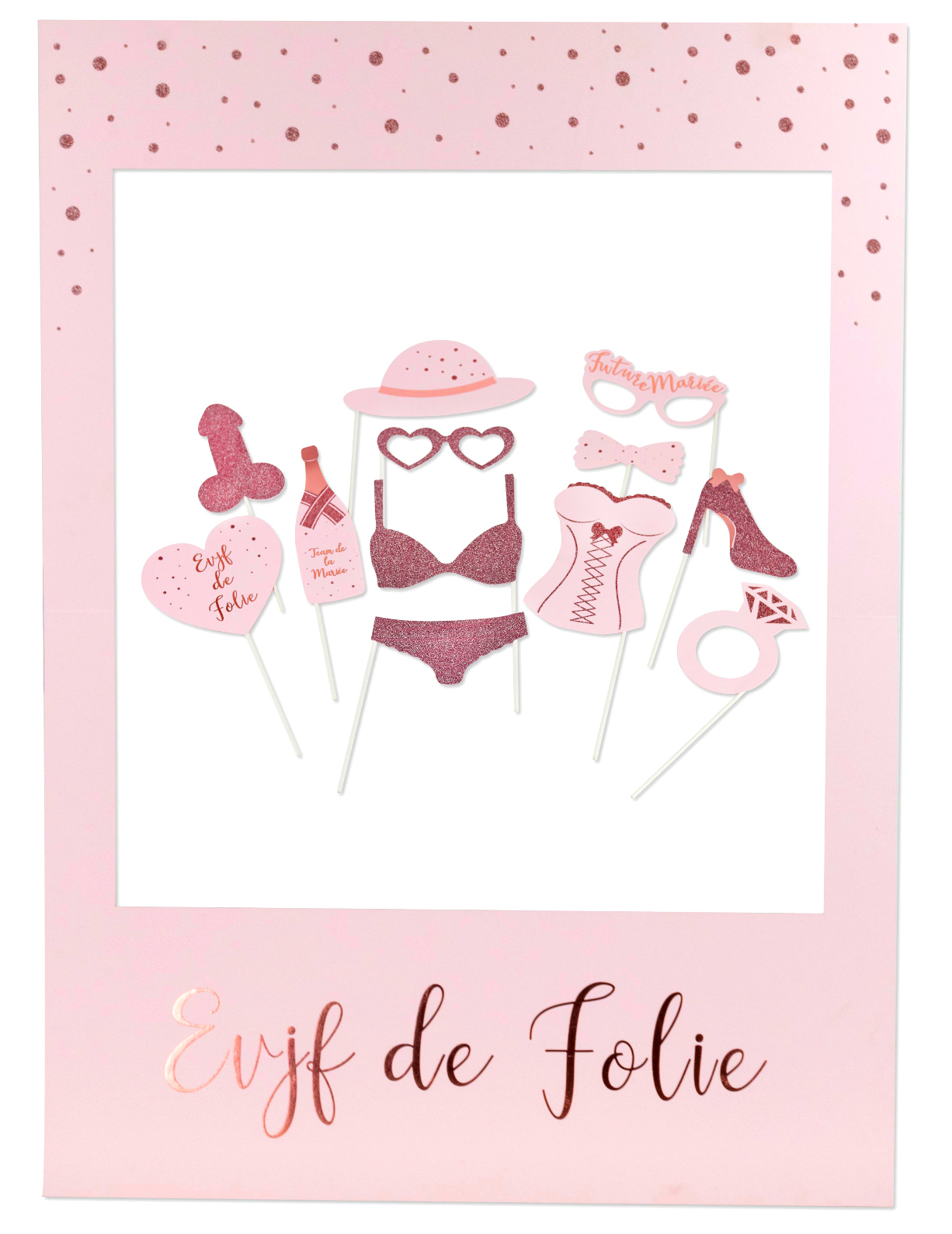 Kit photobooth avec cadre EVJF rose gold 12 accessoires