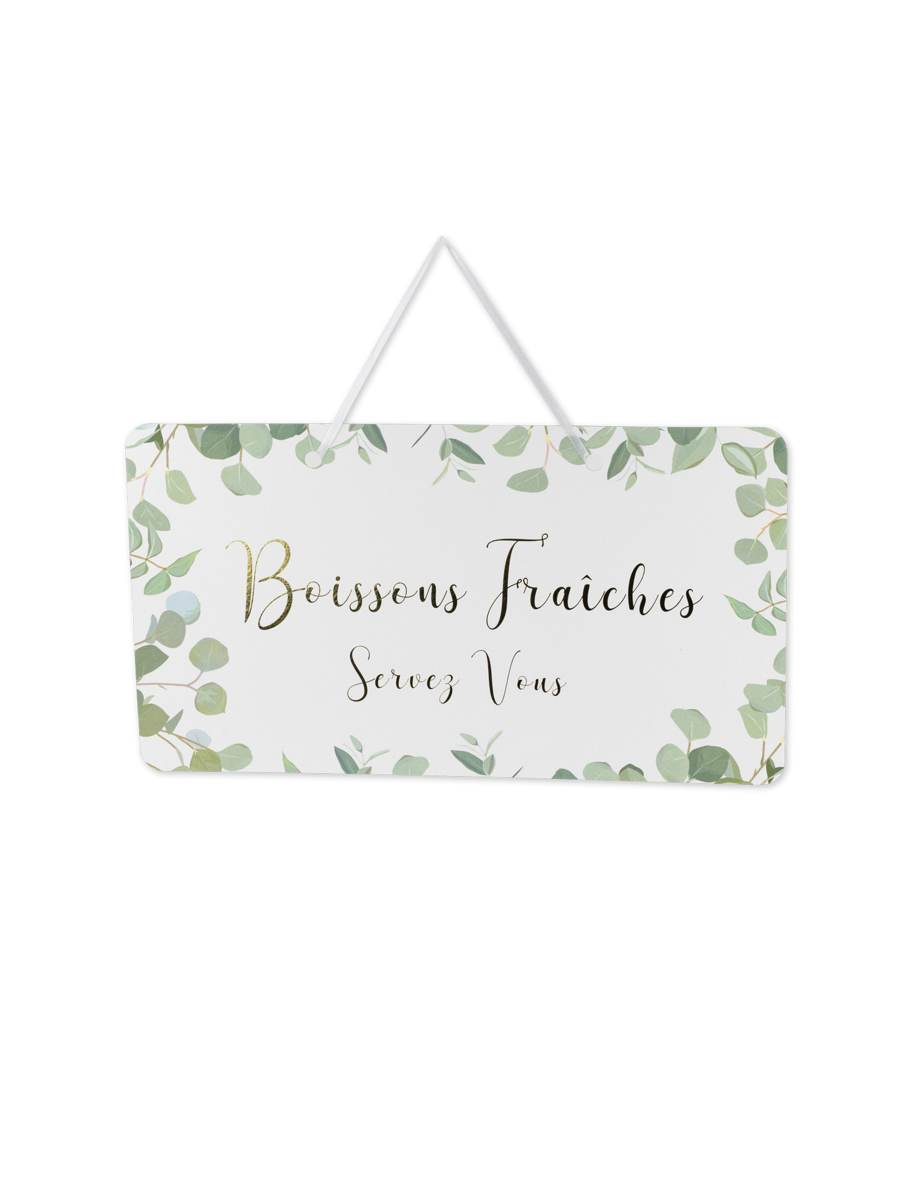 Pancarte Boissons Fraîches eucalyptus papier texturé et dorure 47x26cm