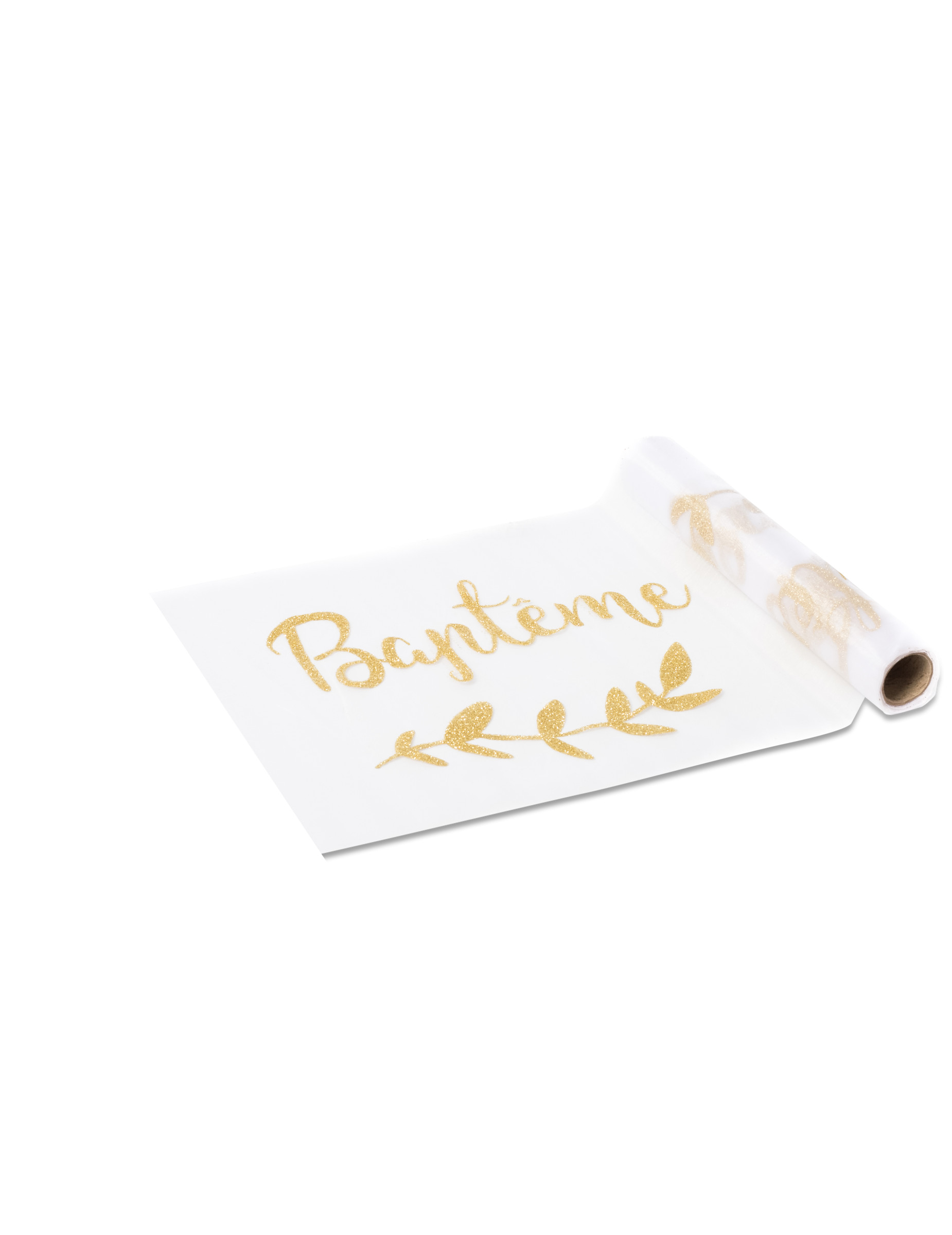 Chemin table en organza Baptême paillettes dorées 28 cm x 5 m