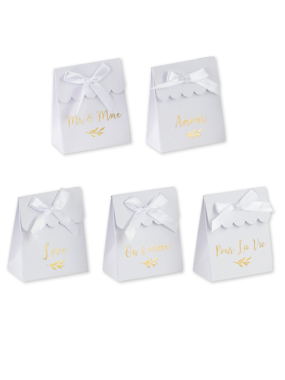10 Boites blanches à ruban mots dorés 7 x 8,5 cm