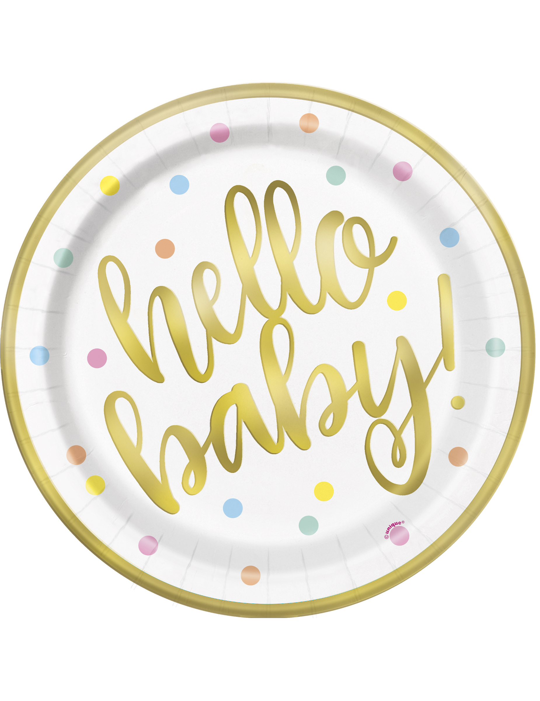 8 Assiettes en carton hello baby blanches et or 23 cm