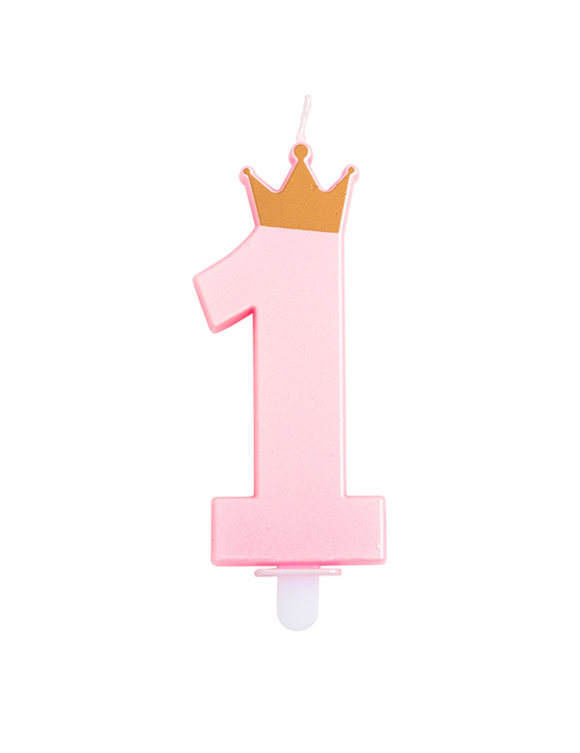 Bougie anniversaire chiffre 1 rose avec couronne dorée 9,5 cm