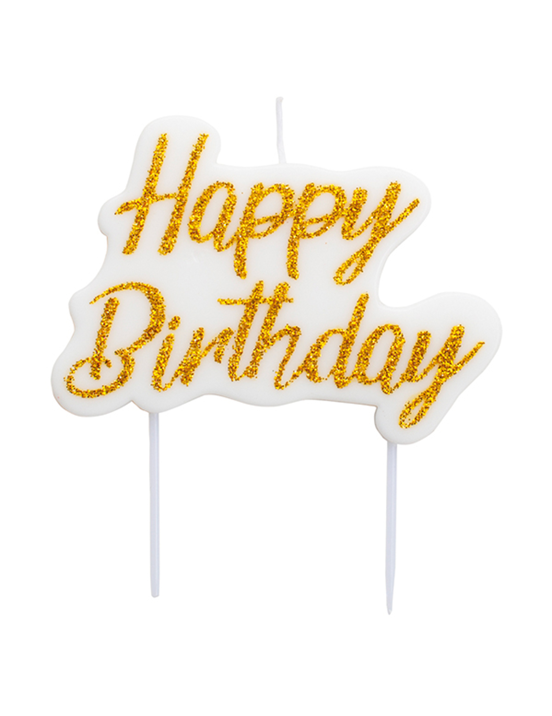 Bougie happy birthday blanche et dorée pailletée 8 x 6 cm