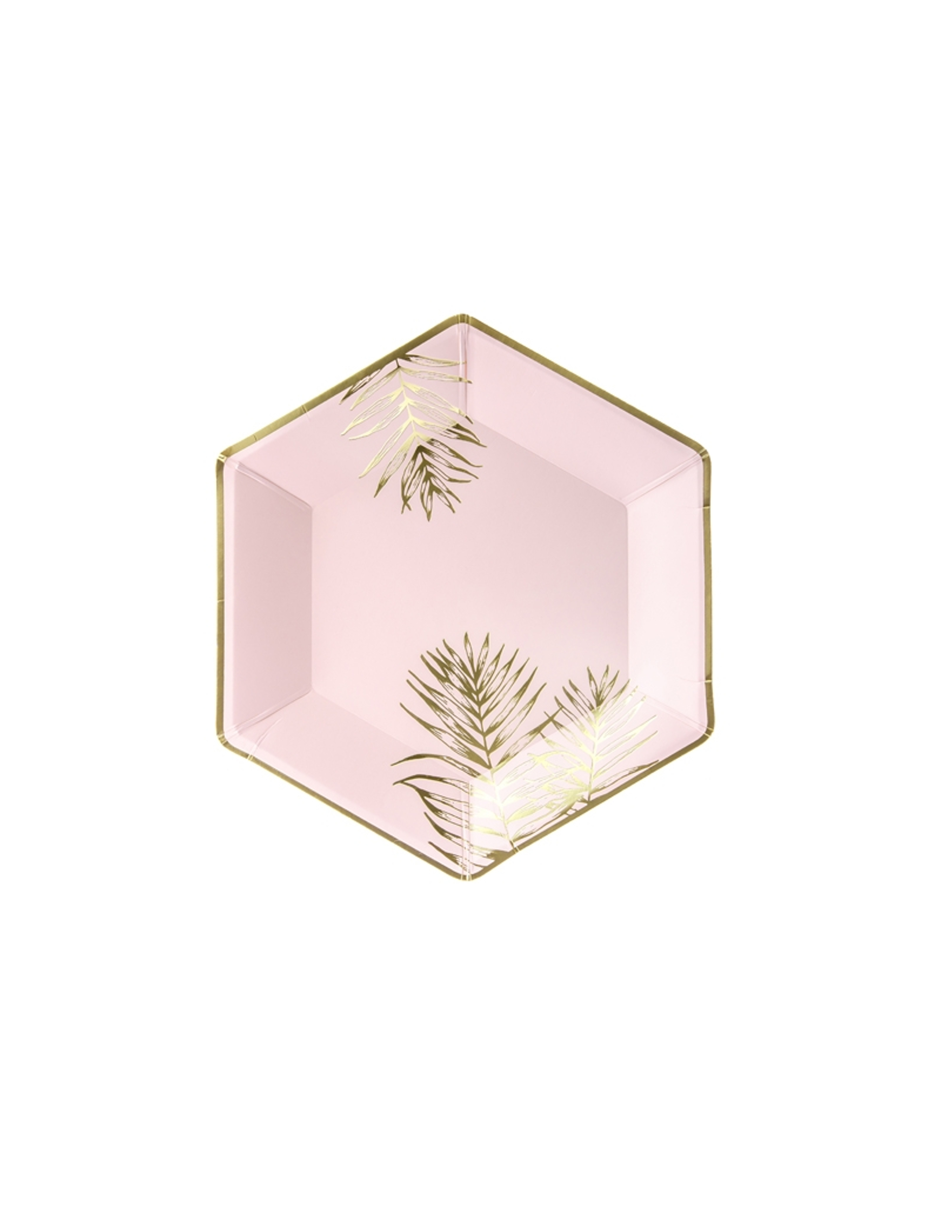 6 Assiettes en carton hexagonales tropical roses et dorées 23 cm