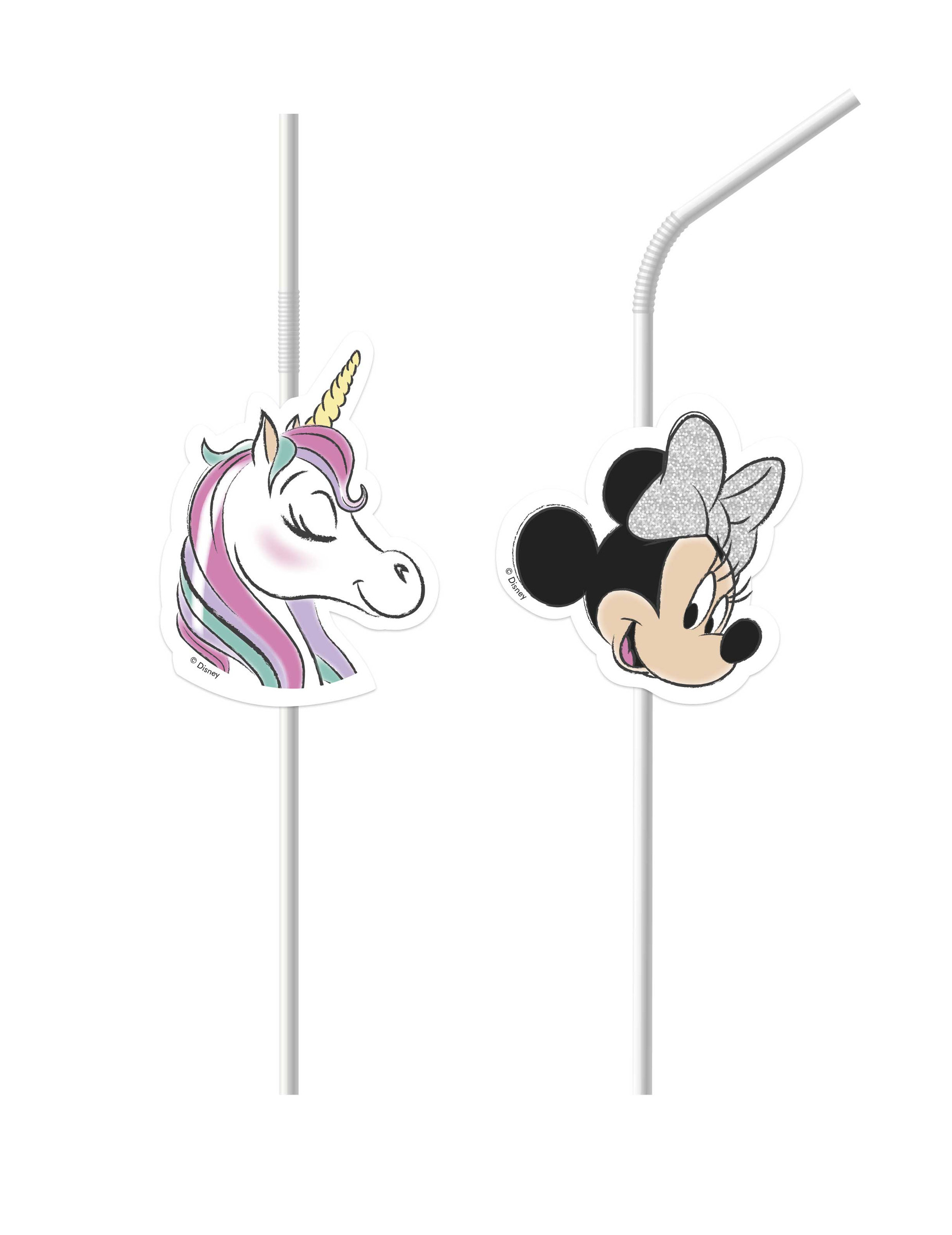 6 Pailles médaillon en plastique Minnie et la licorne