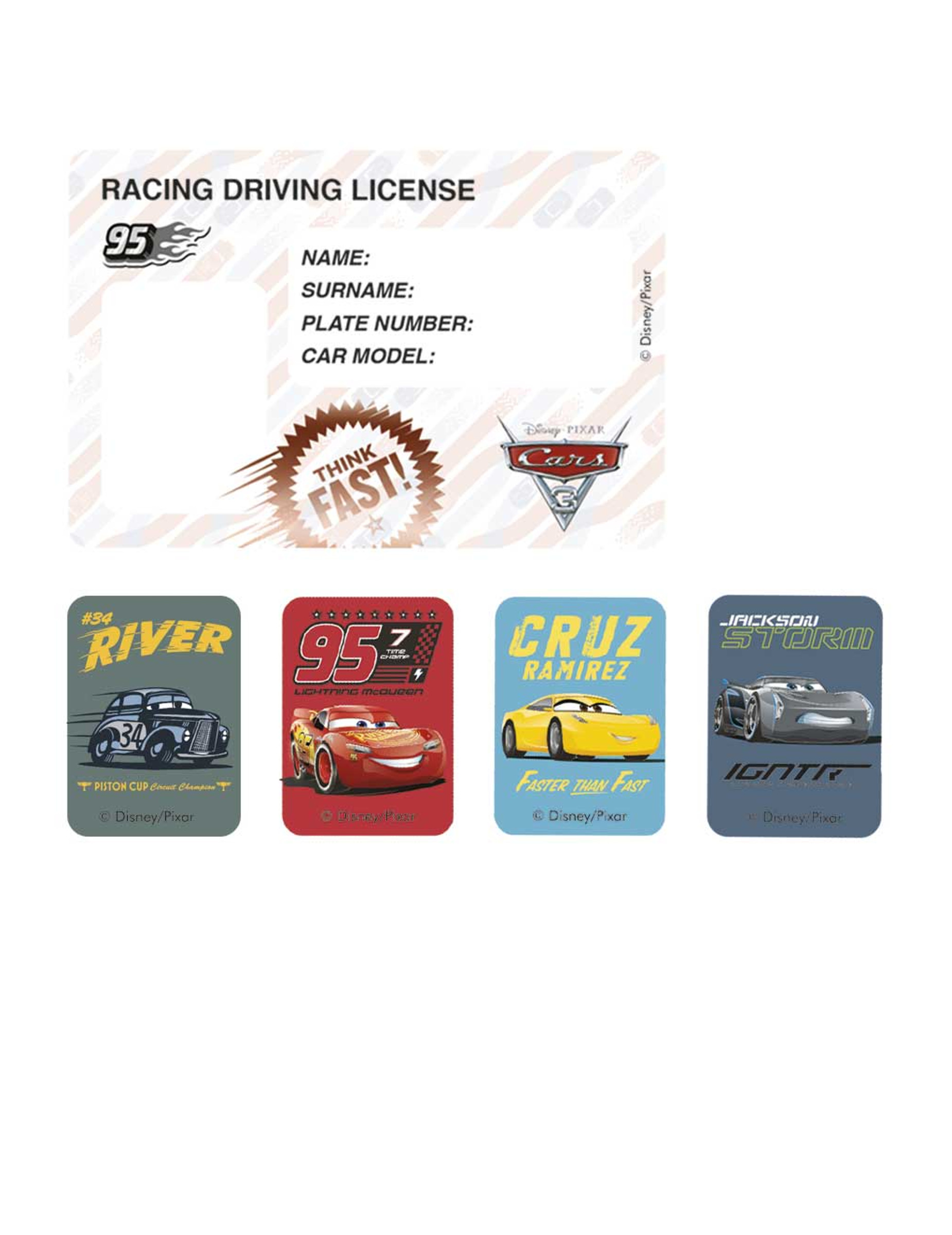 4 Cartons d'invitation et stickers Cars 3