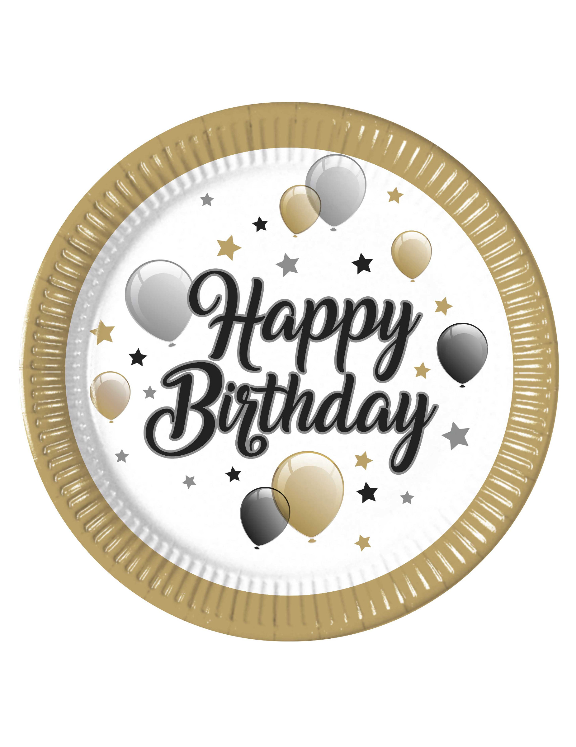 8 Assiettes en carton happy birthday doré noir argent 23 cm
