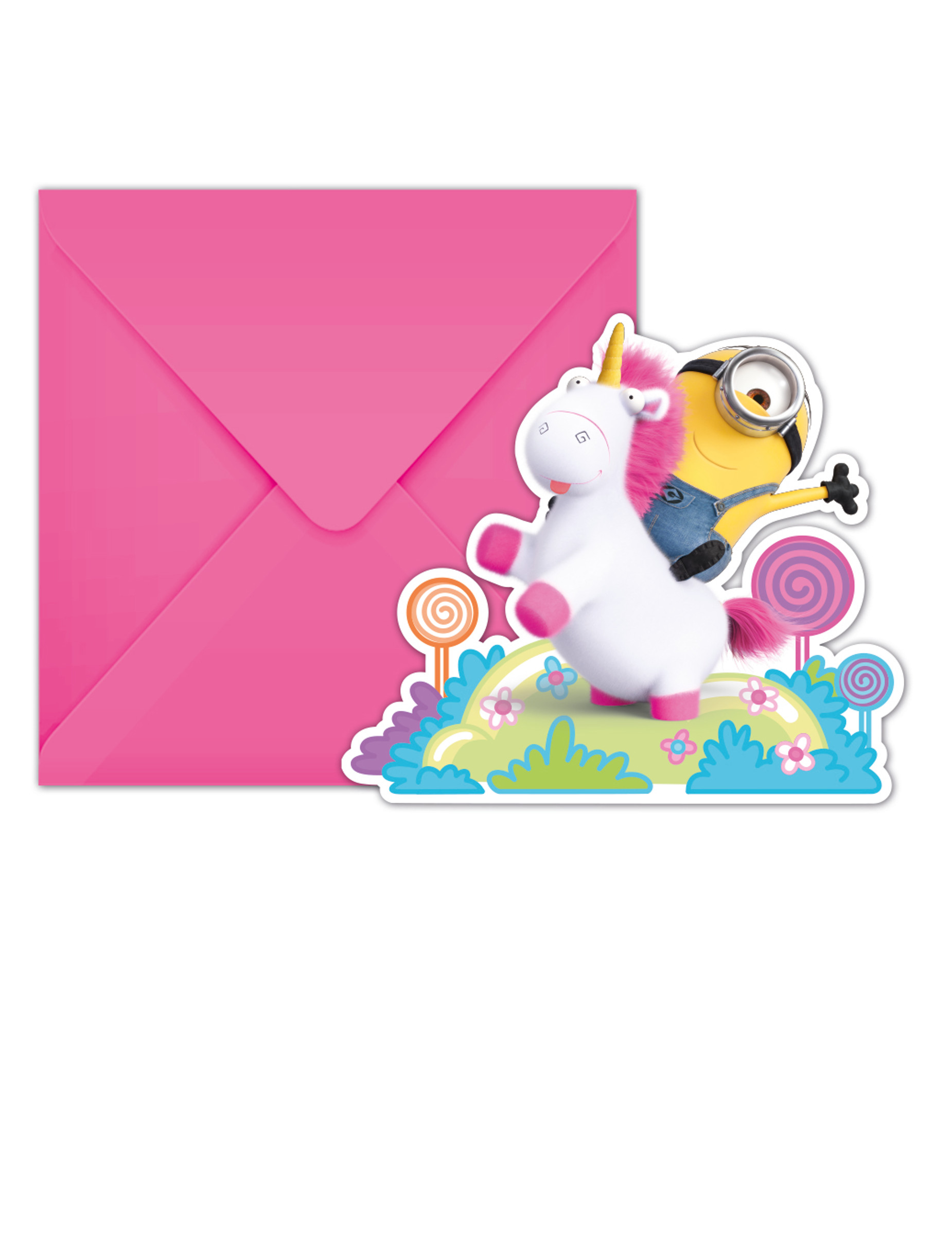 6 Cartons d'invitation avec enveloppes Minions Licorne