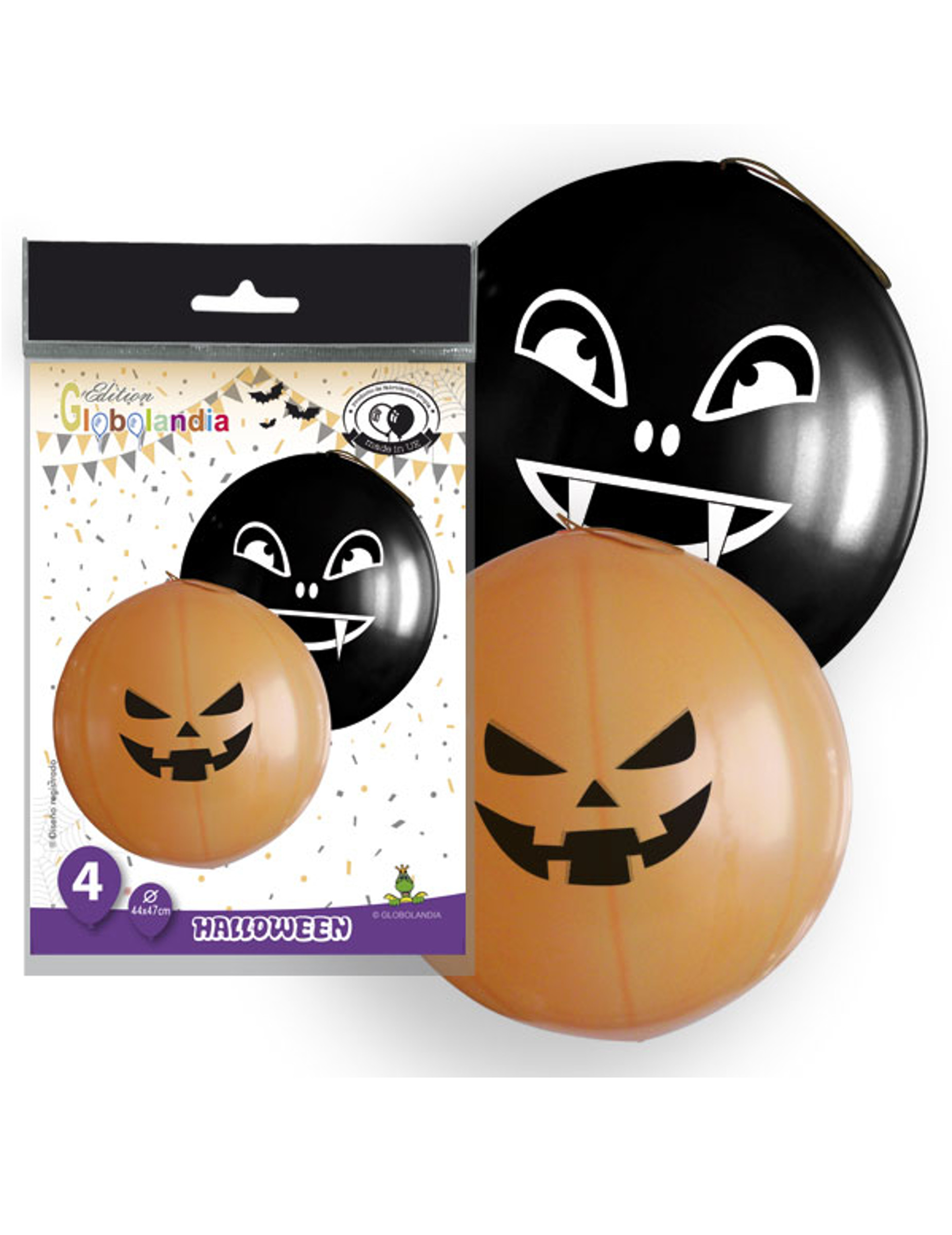 4 Ballons géants en latex halloween oranges et noirs 47 cm