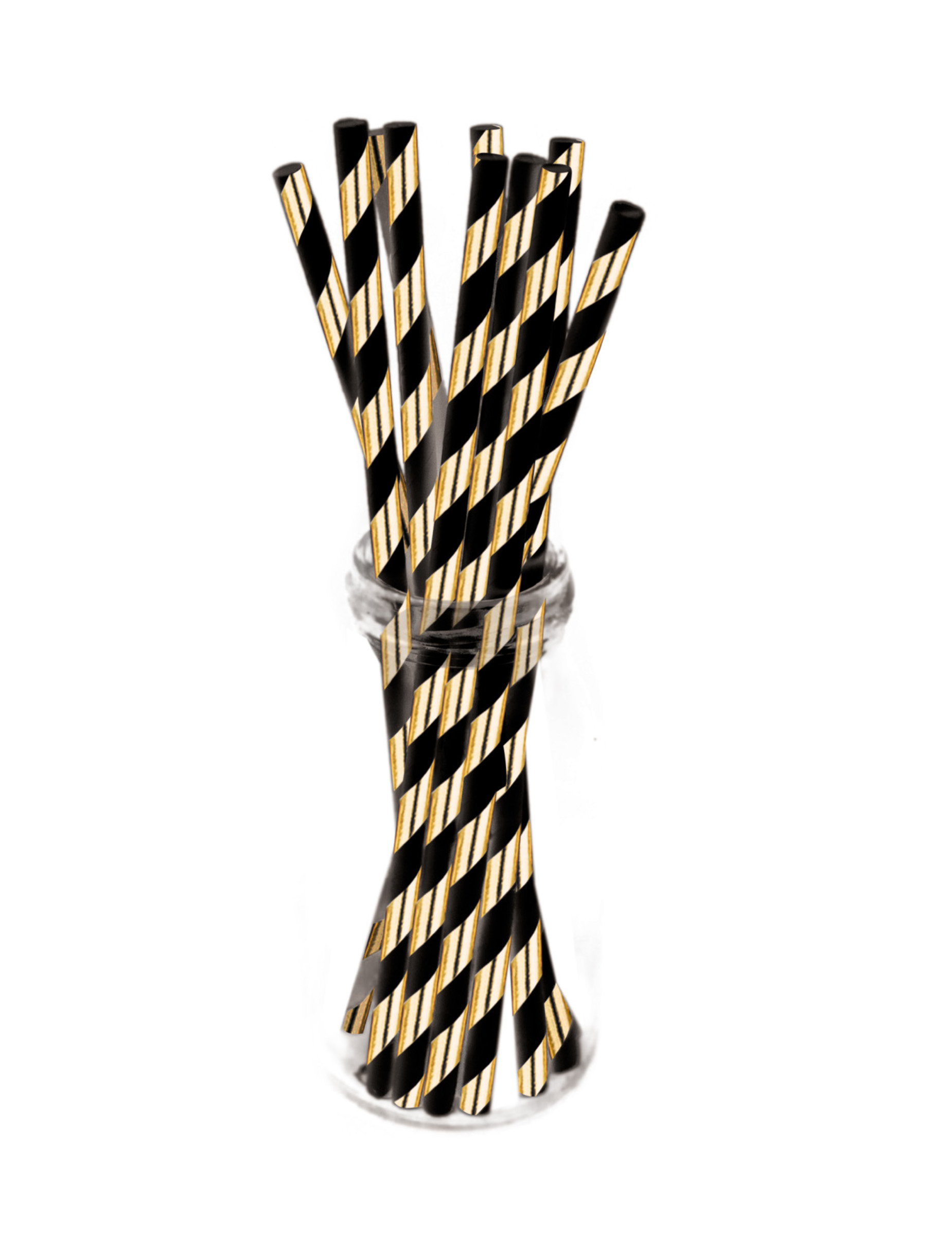 10 Pailles en carton noires rayées dorées métallisées 19,7 cm