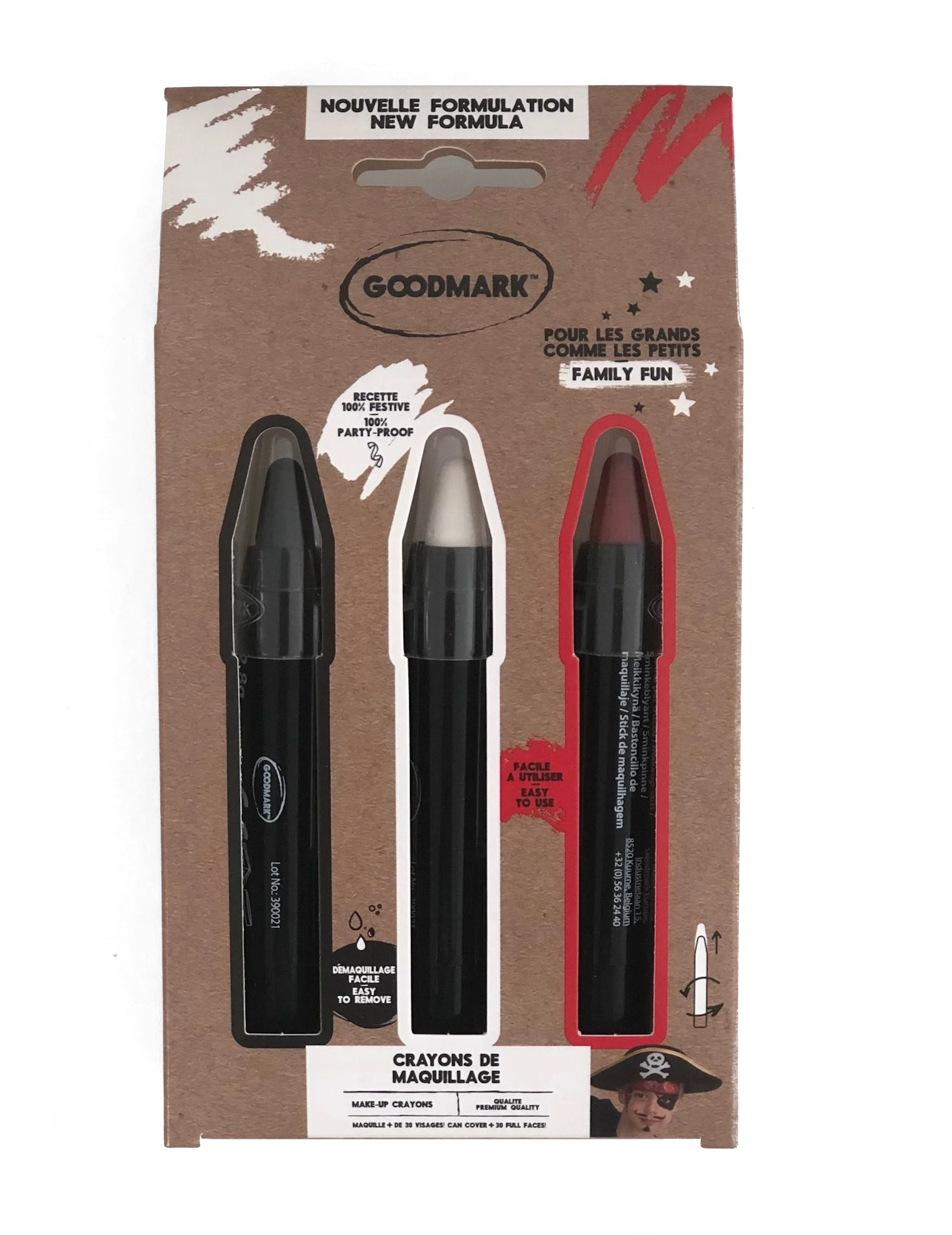 3 Crayons de maquillage blanc noir rouge