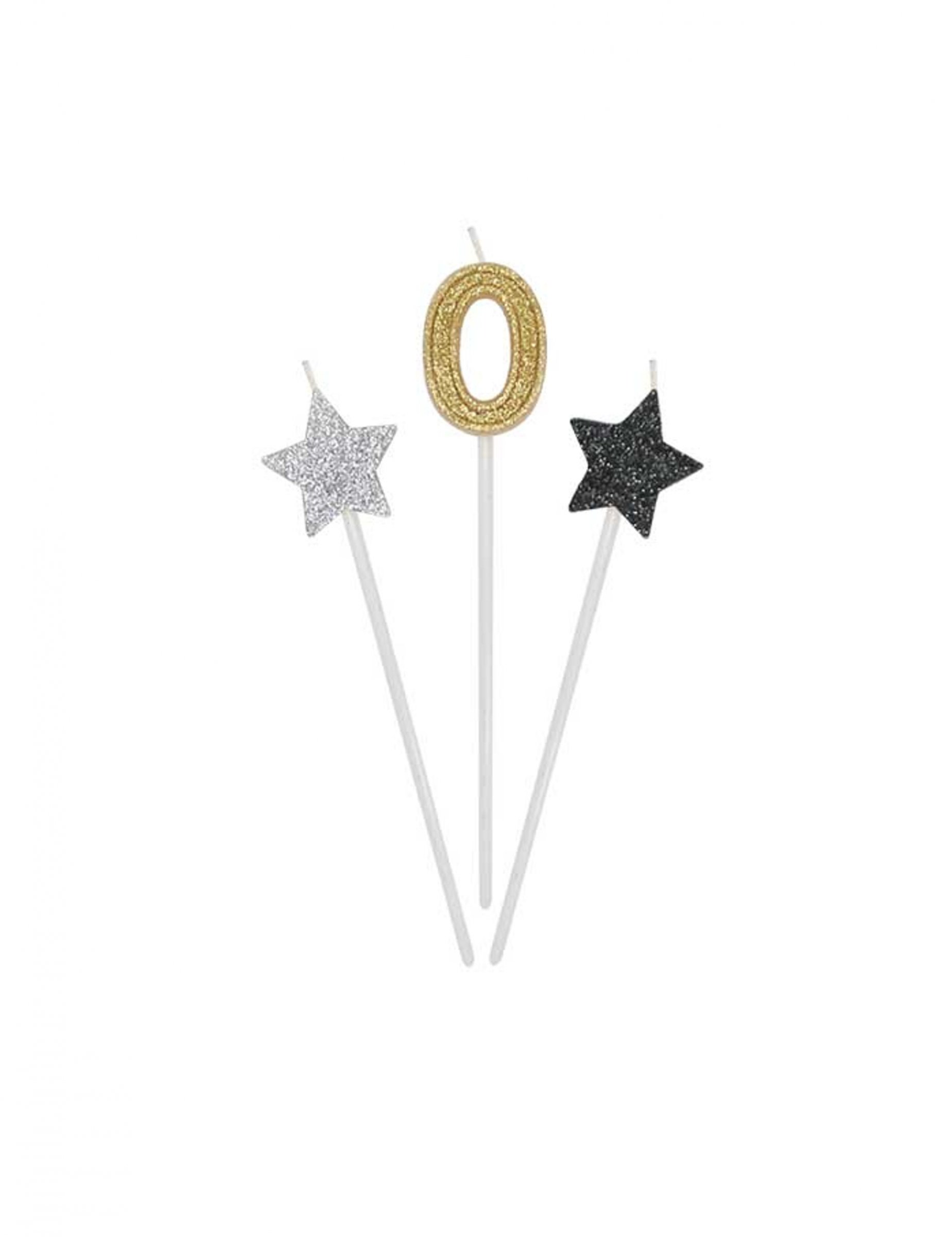 3 Bougies d'anniversaire chiffre dorées, argentées et noires 16 cm