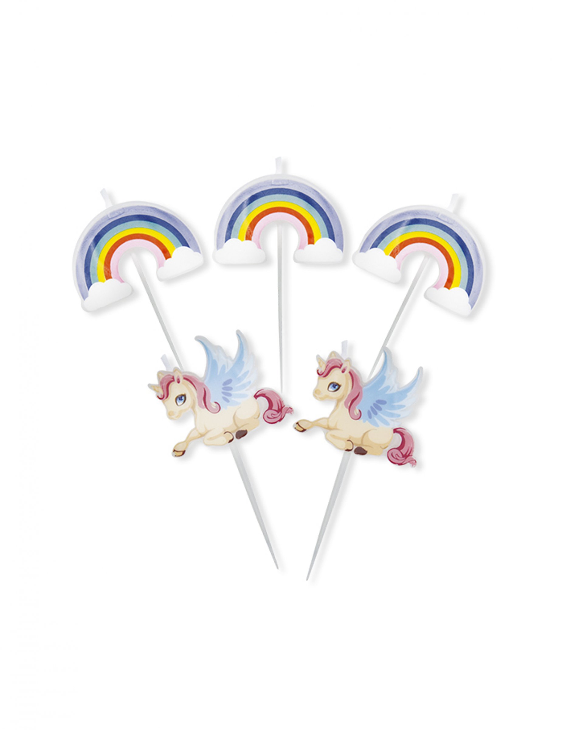 5 Bougies sur pics licornes et arc-en-ciel 8 cm