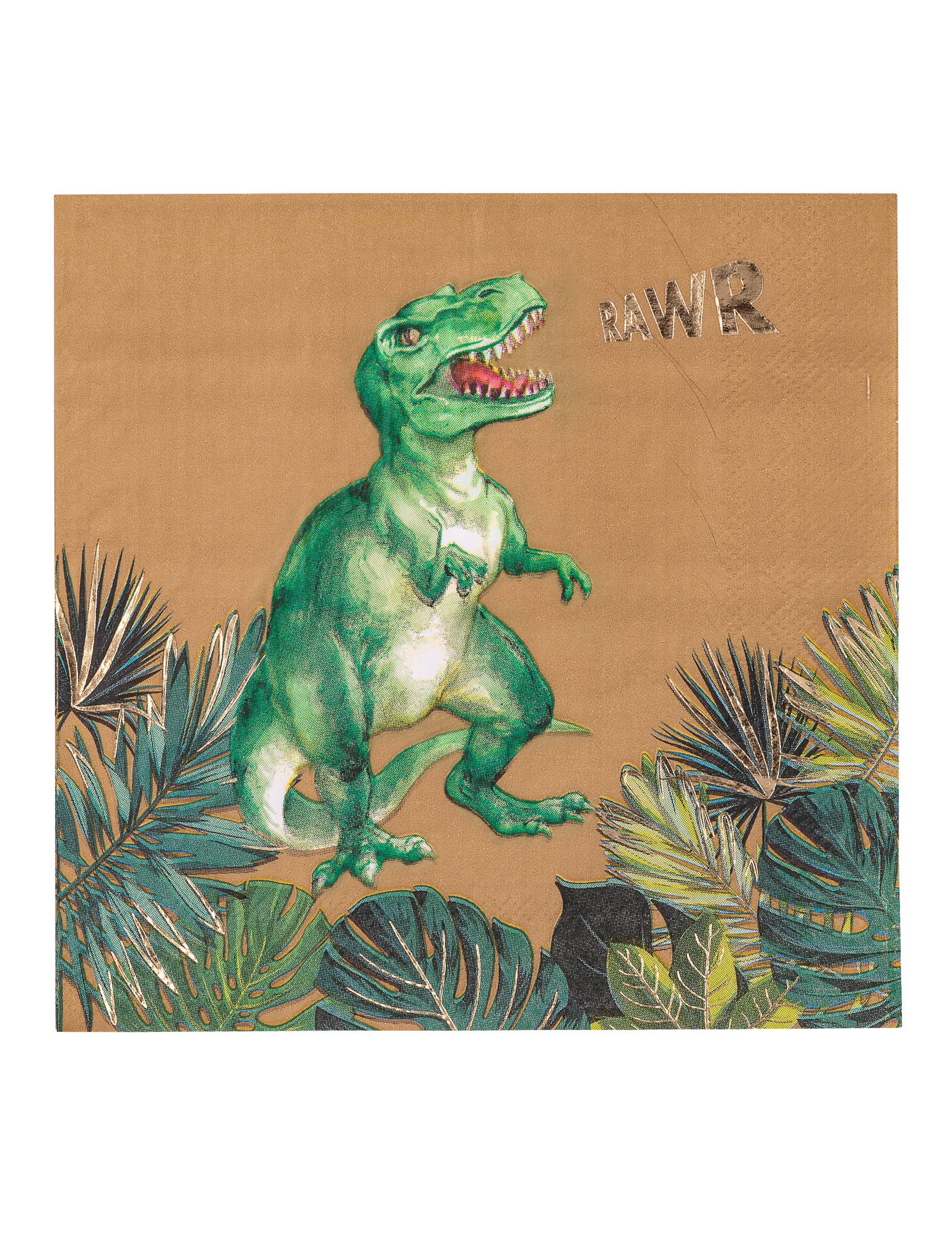 16 Serviettes en papier dinosaure vertes et dorures 33 x 33 cm