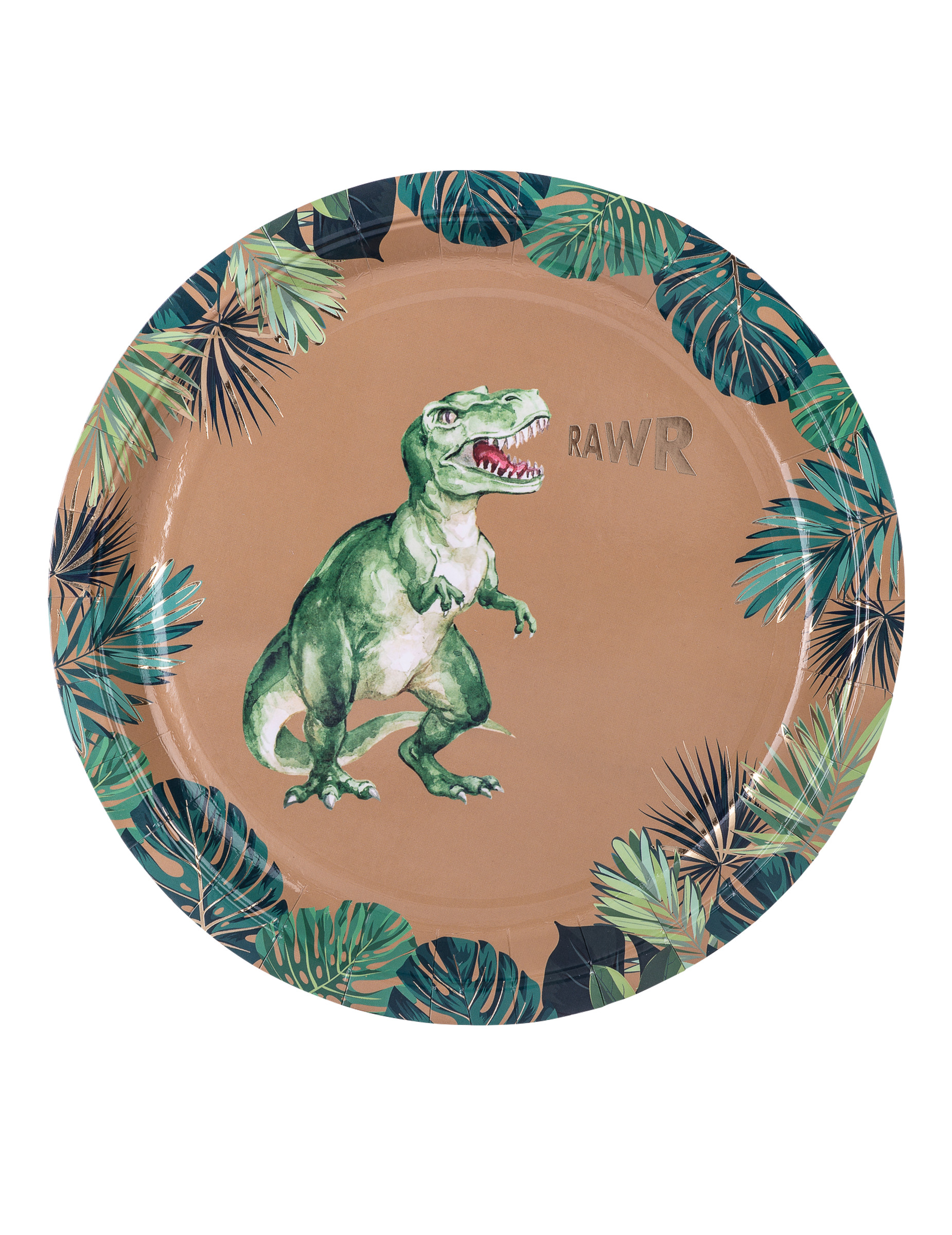 8 Assiettes en carton dinosaure vertes et dorées 23 cm