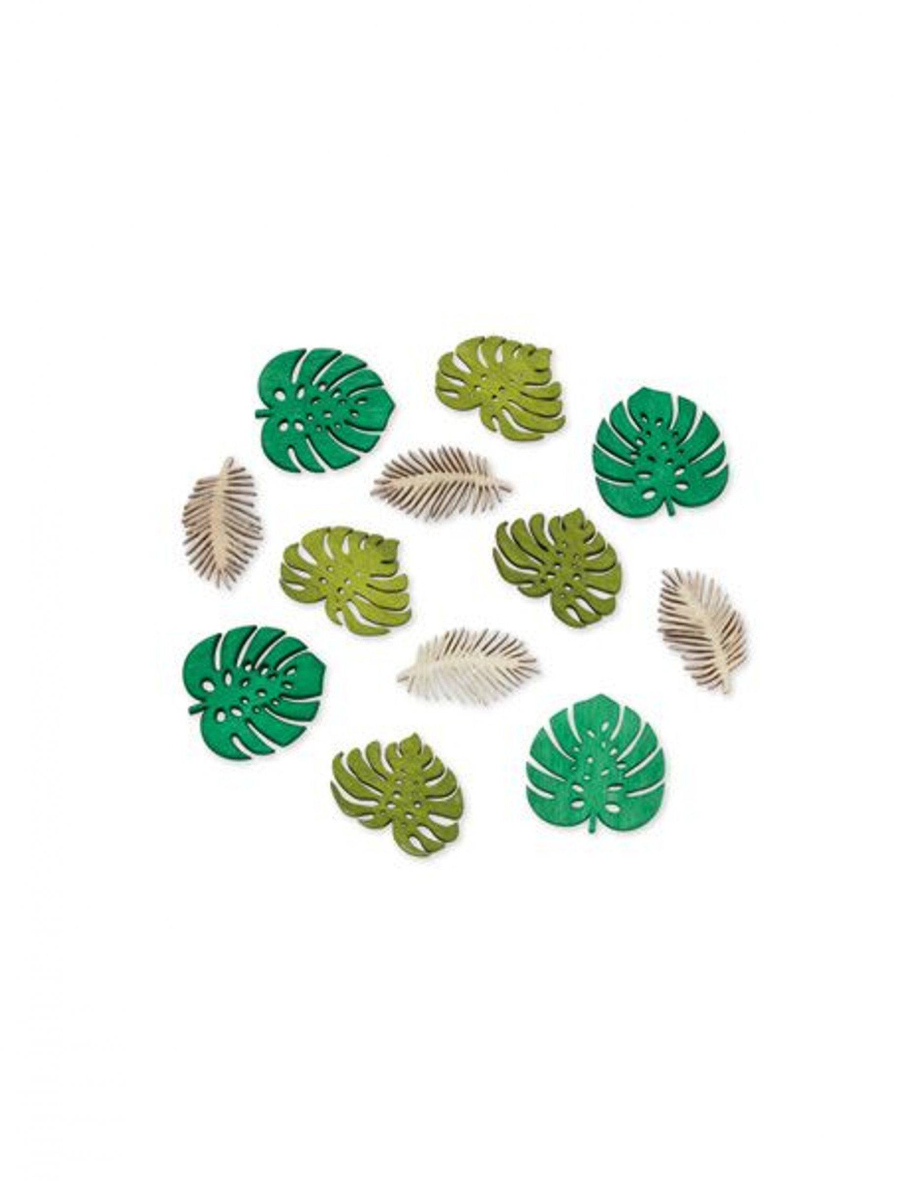 12 Feuilles tropicales en bois dégradé vert et cérusé 4 cm