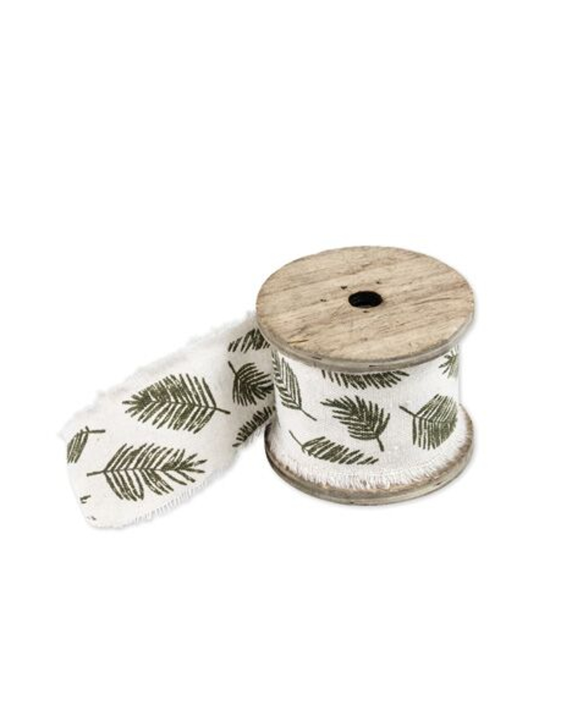 Ruban en lin feuilles tropicales vert et ivoire 4,5 cm x 3 m