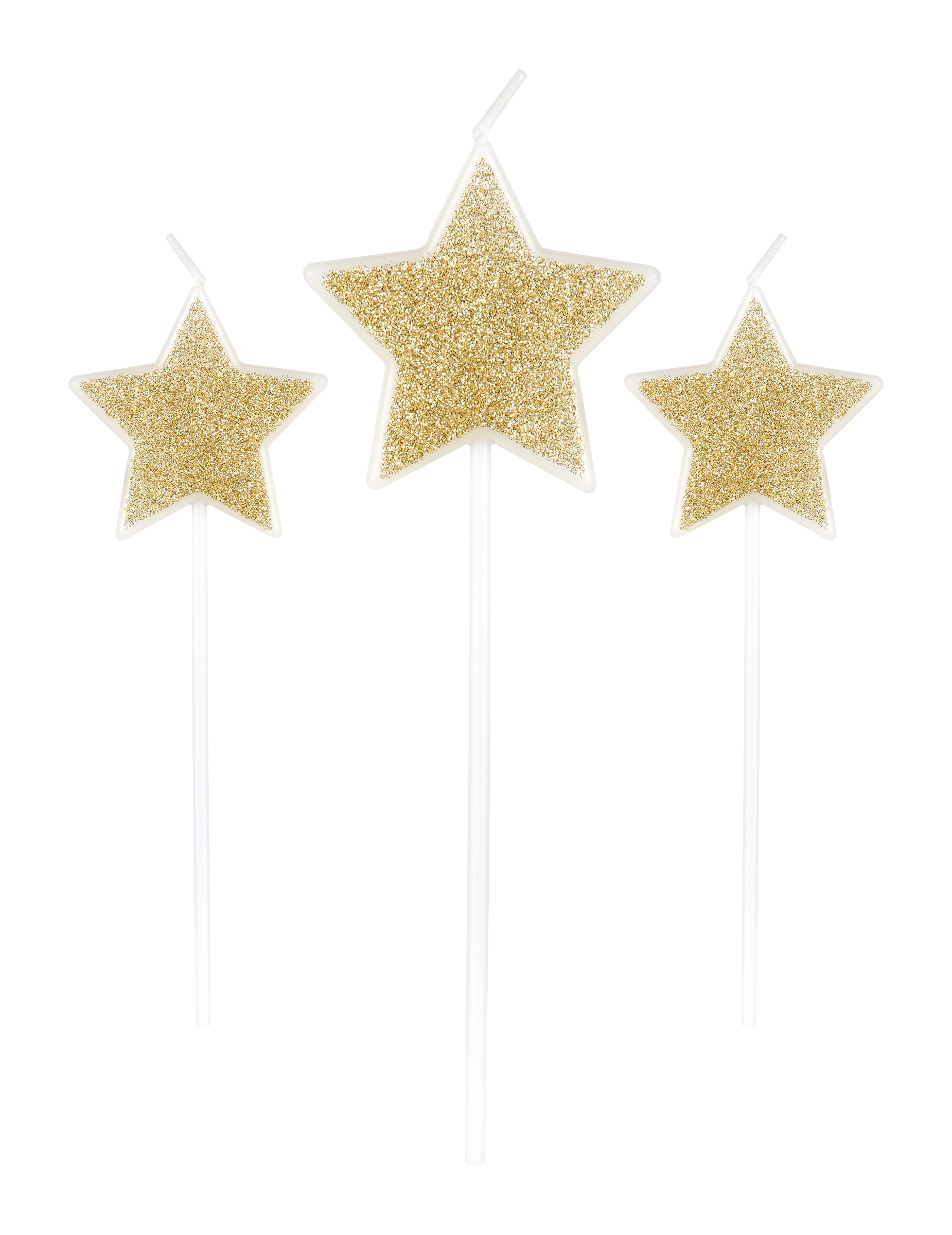 3 Bougies sur pic étoiles paillettes champagne 11 cm