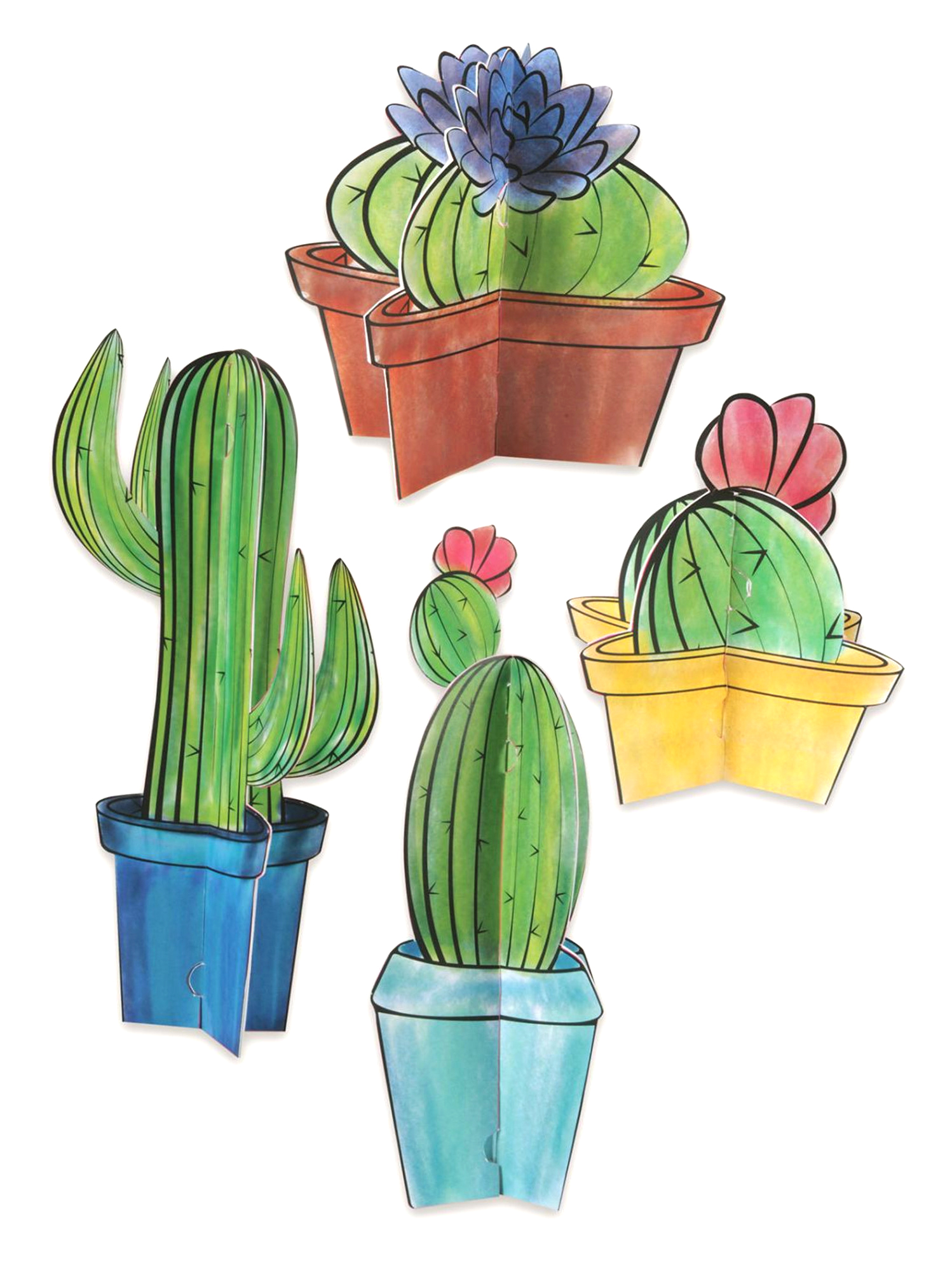 4 Centres de table en carton 3D cactus 10 - 28 cm