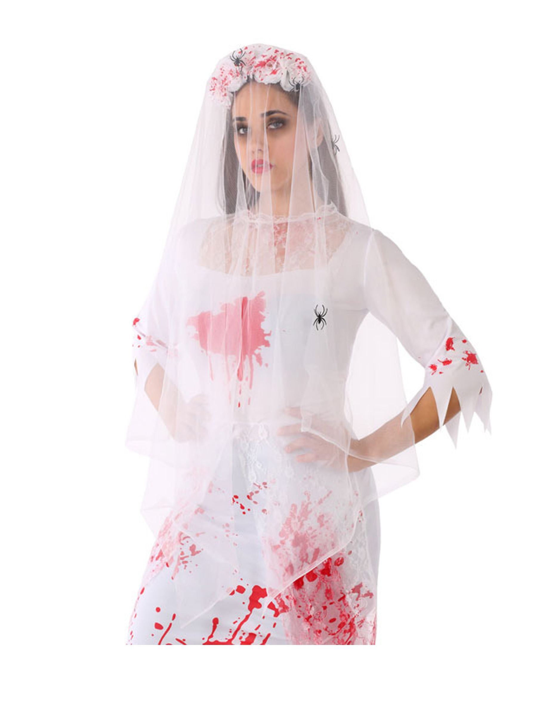 Serre-tête voile araignée et roses blanches ensanglantées adulte