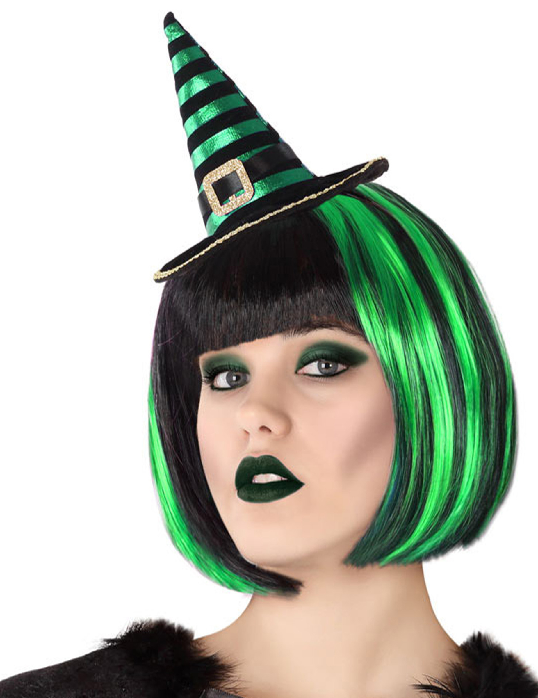 Serre-tête mini chapeau de sorcière rayé noir et vert adulte
