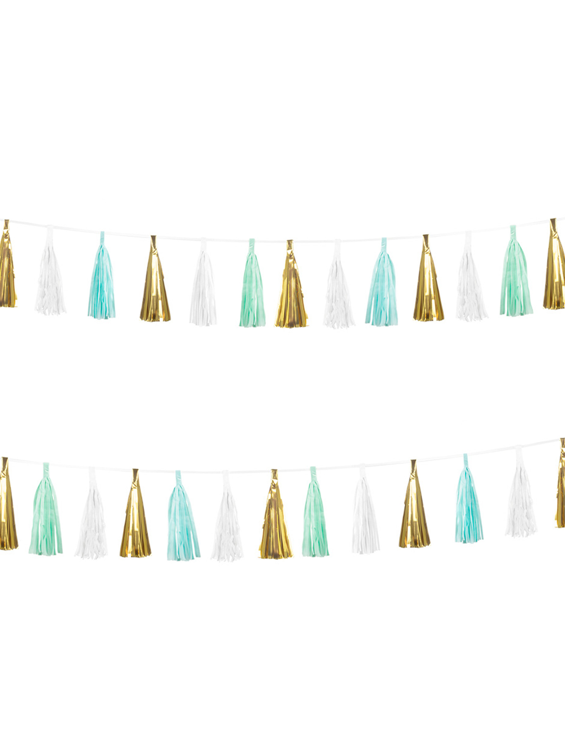 Guirlande 18 tassels turquoise, blanc, doré 3m