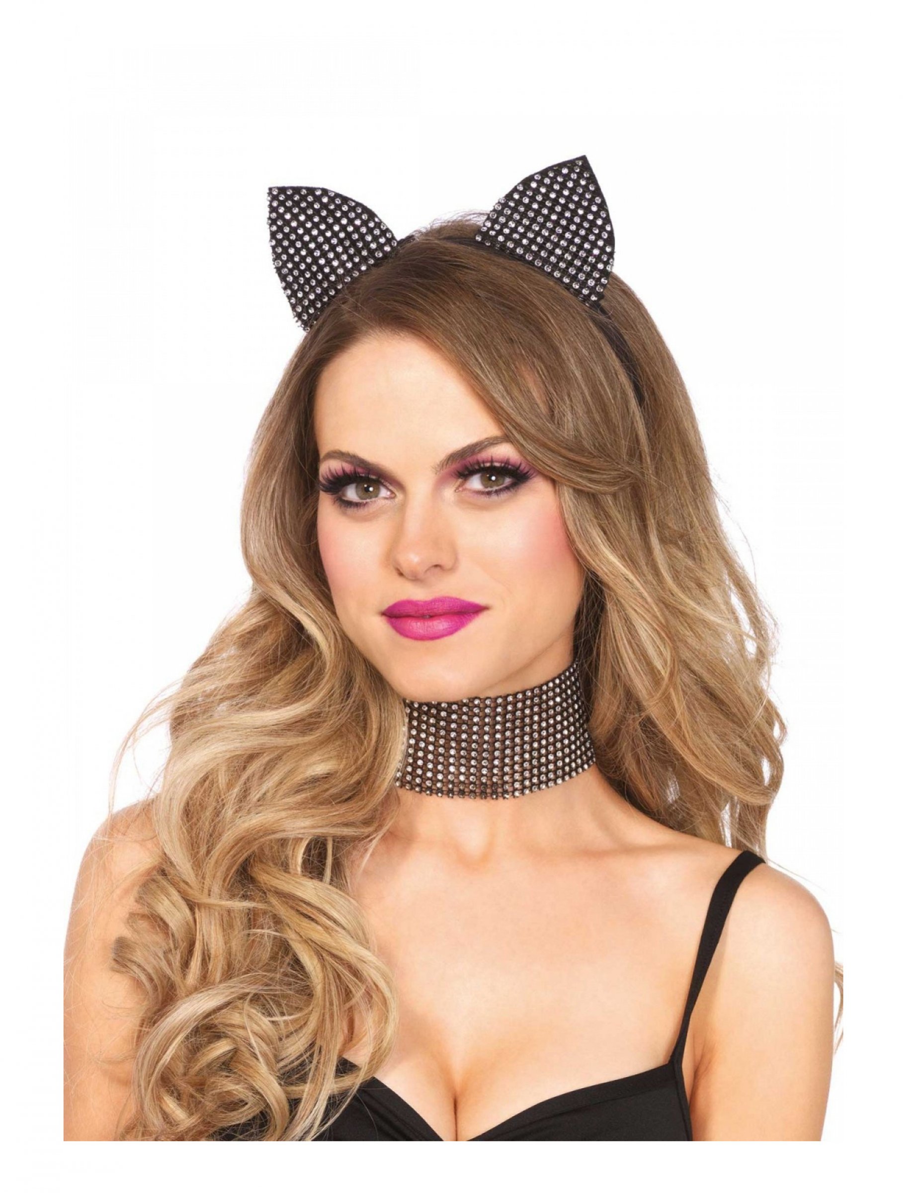 Set luxe serre-tête et tour de cou strass chat adulte
