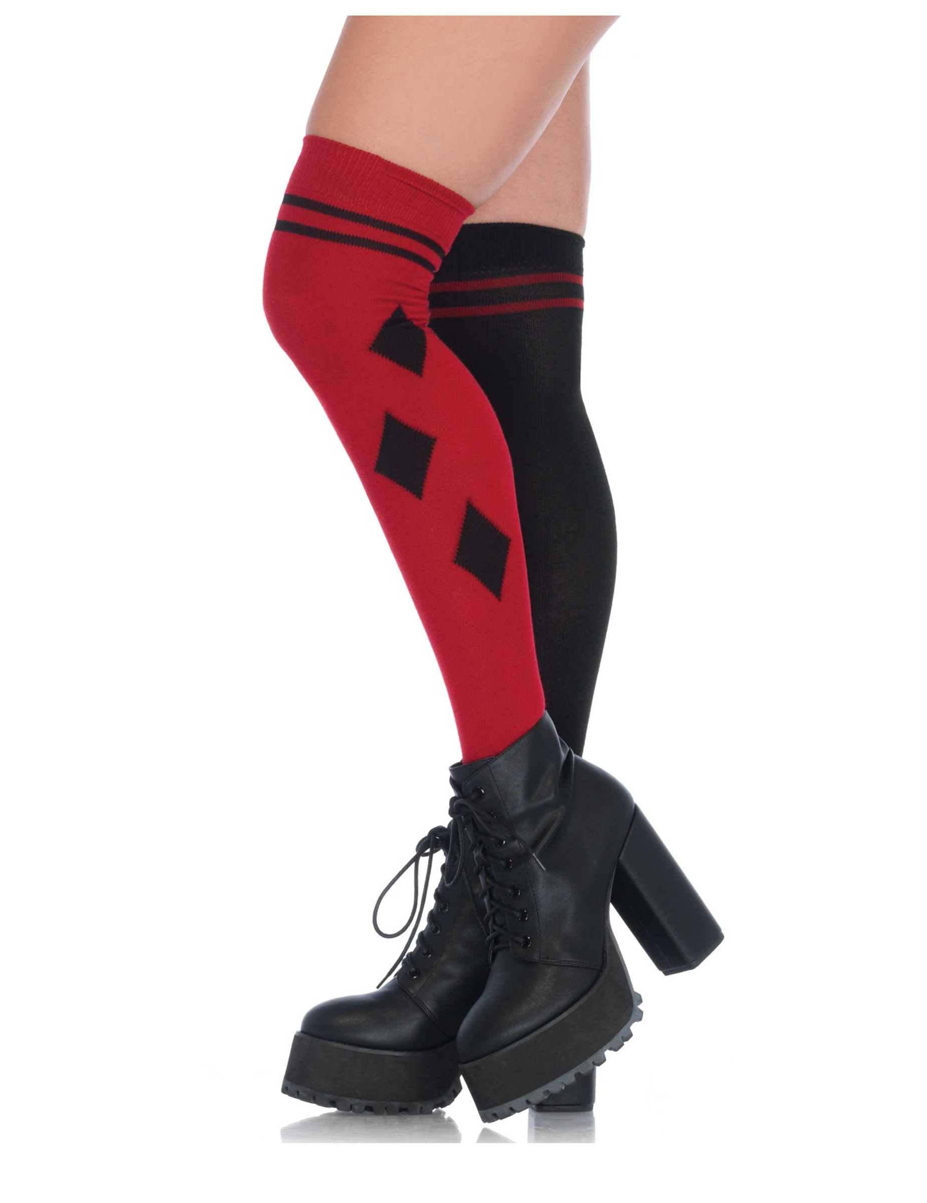 Chaussettes hautes arlequin rouges et noires femme