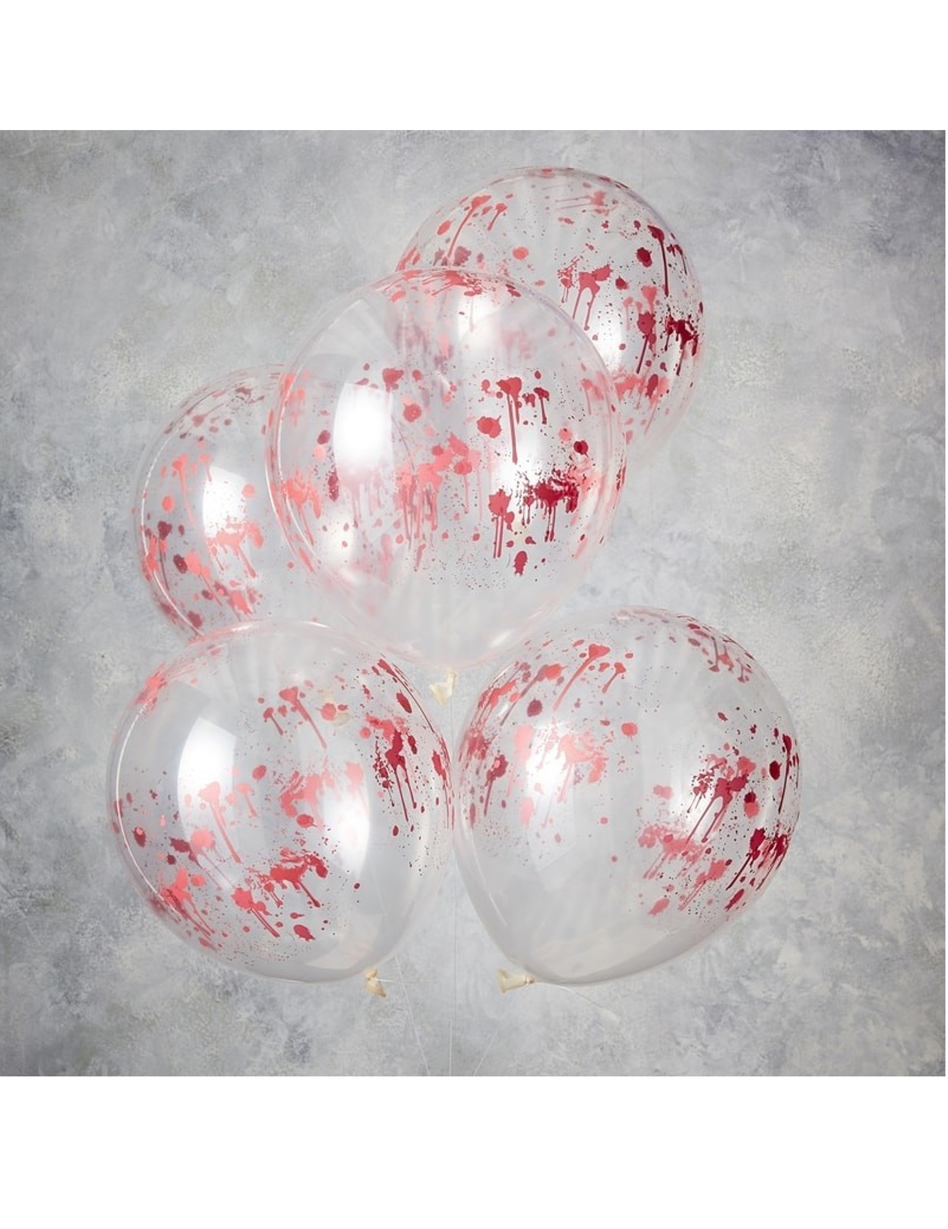 5 Ballons en latex transparents tâches de sang 30 cm