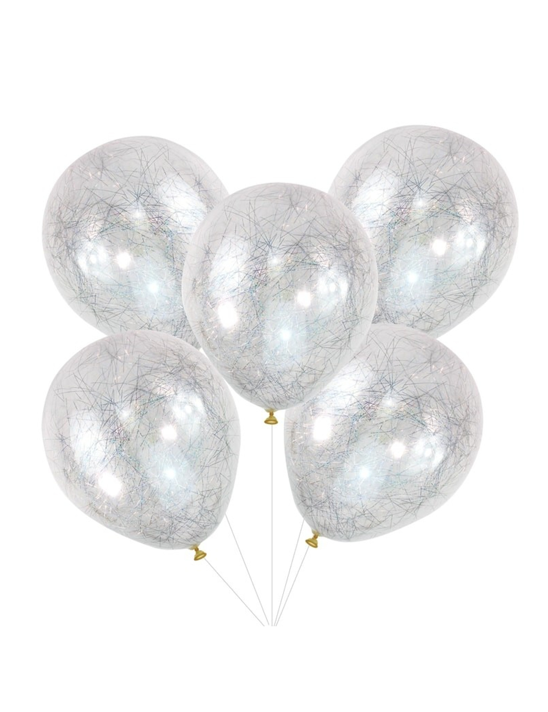 5 Ballons en latex transparents cheveux d'anges argentés 30 cm