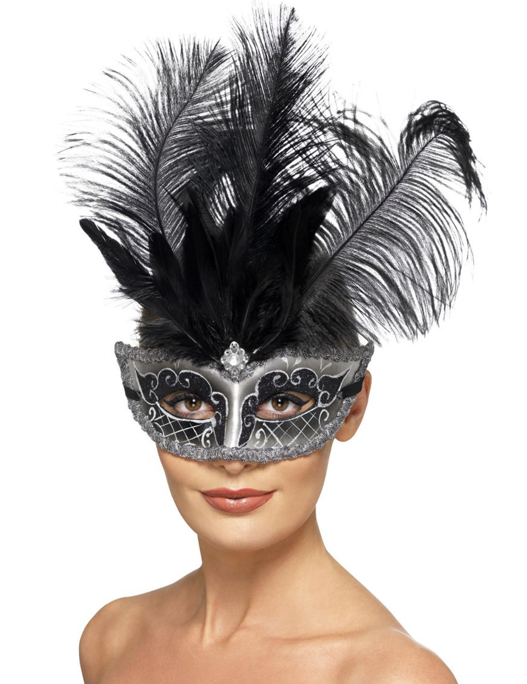 Masque Colombine vénitien gris avec plumes adulte