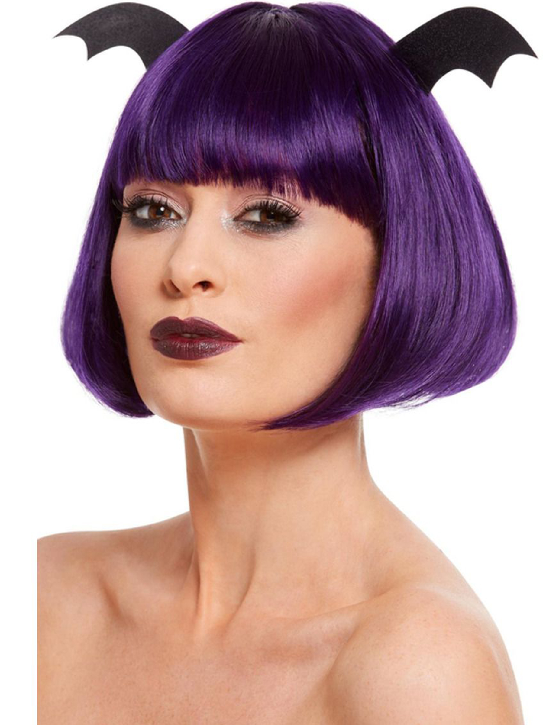 Perruque courte violette avec ailes chauve-souris femme