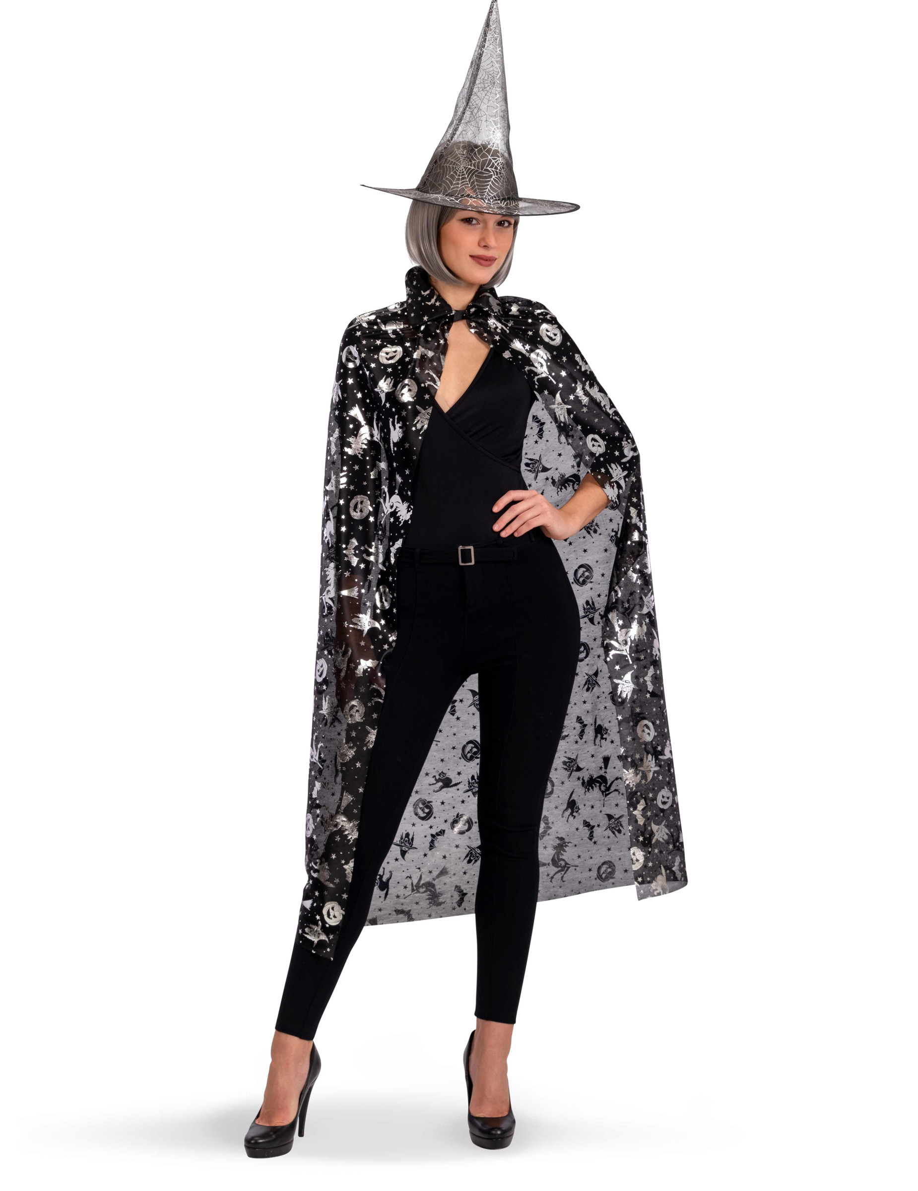 Set sorcière chapeau et cape noir et argent femme